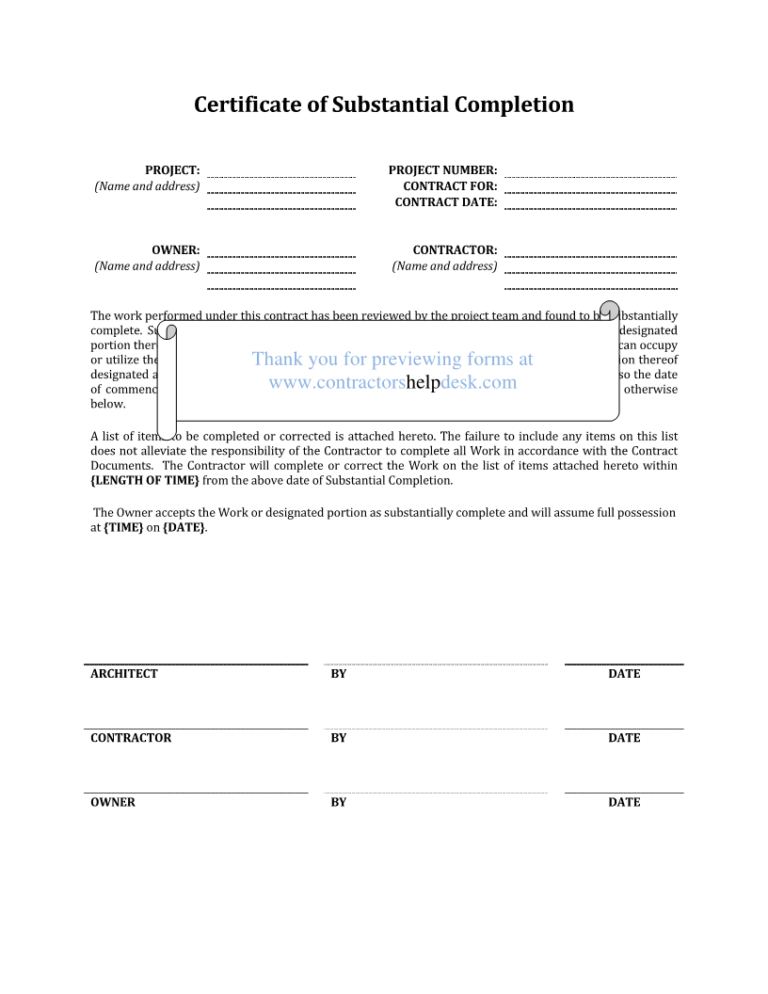 Certificate Of Substantial Completion Template