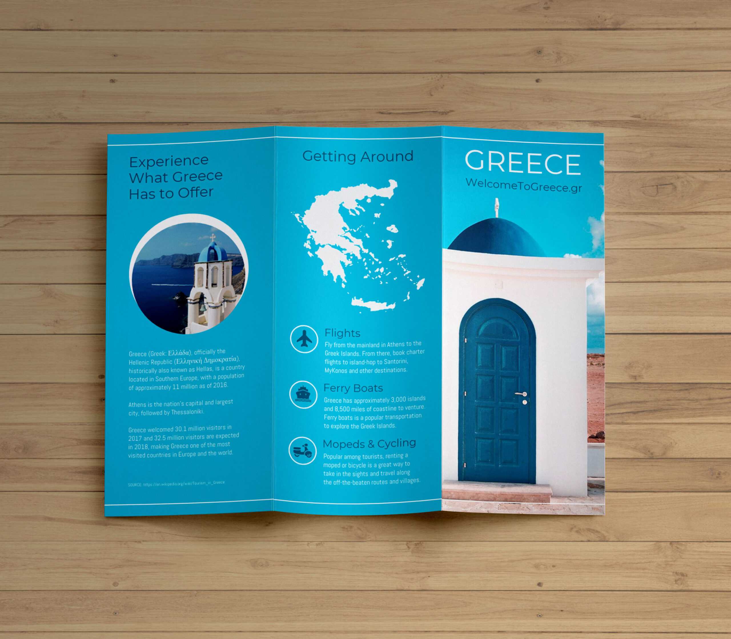 Creative Blue Greece Travel Trifold Brochure Idea Pertaining To Travel Guide Brochure Template