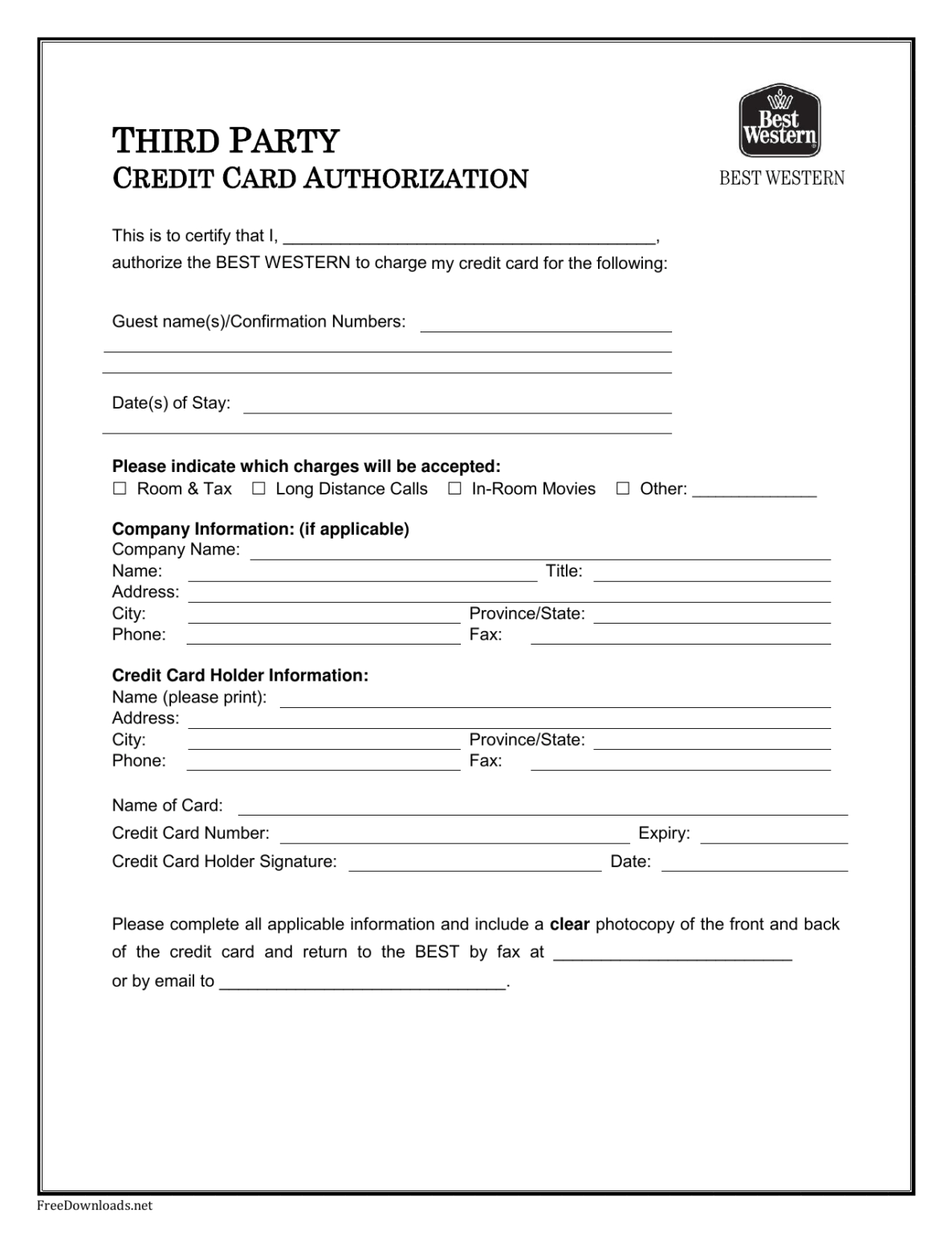 Hotel Credit Card Authorization Form Template 2943