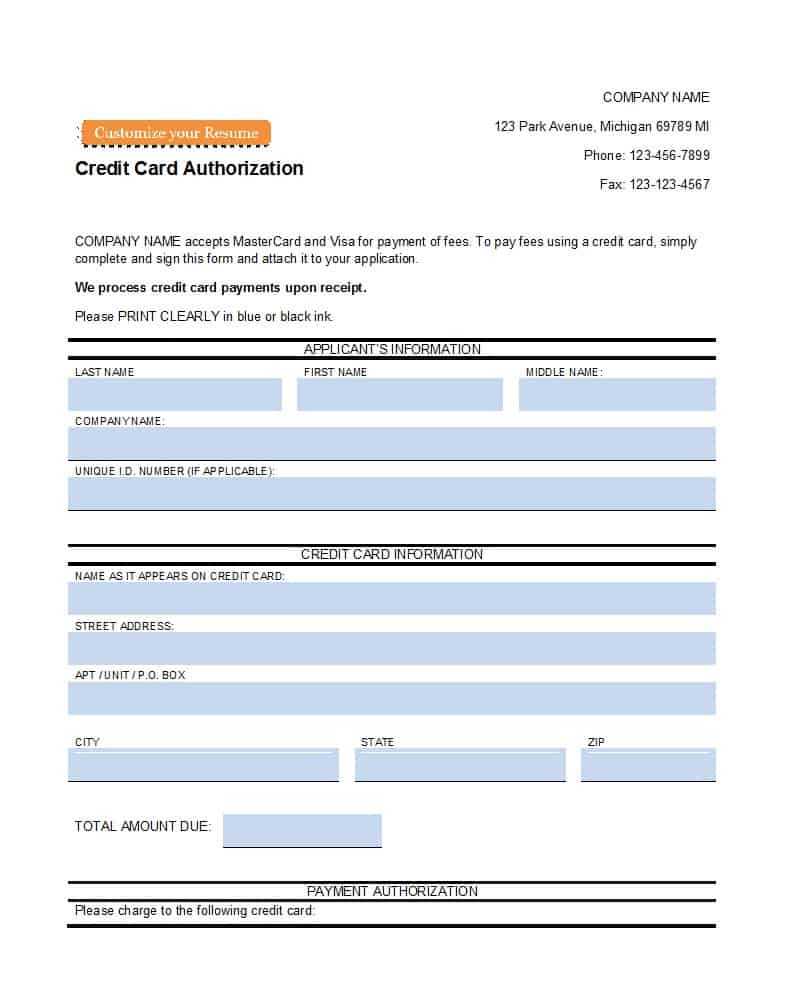 Credit Card Authorization Forms Tes Ready To Use Form Te Within Credit Card Size Template For Word