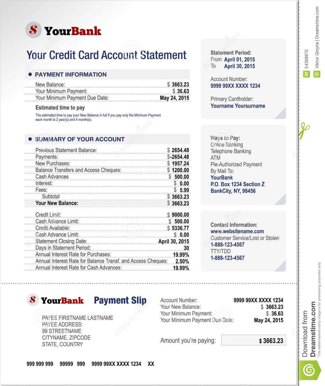 Credit Card Bank Account Statement Template Stock Vector Inside Credit Card Statement Template Excel