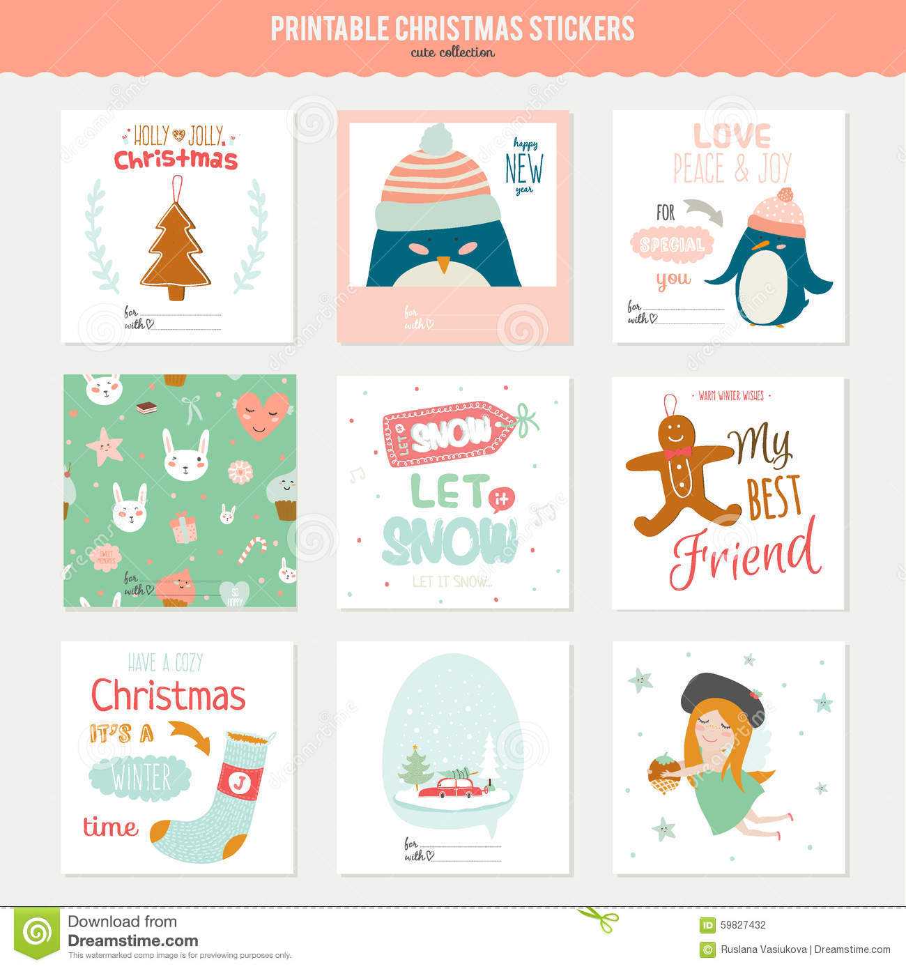 Cute Vector Christmas Cards And Stickers Stock Vector Throughout Christmas Note Card Templates