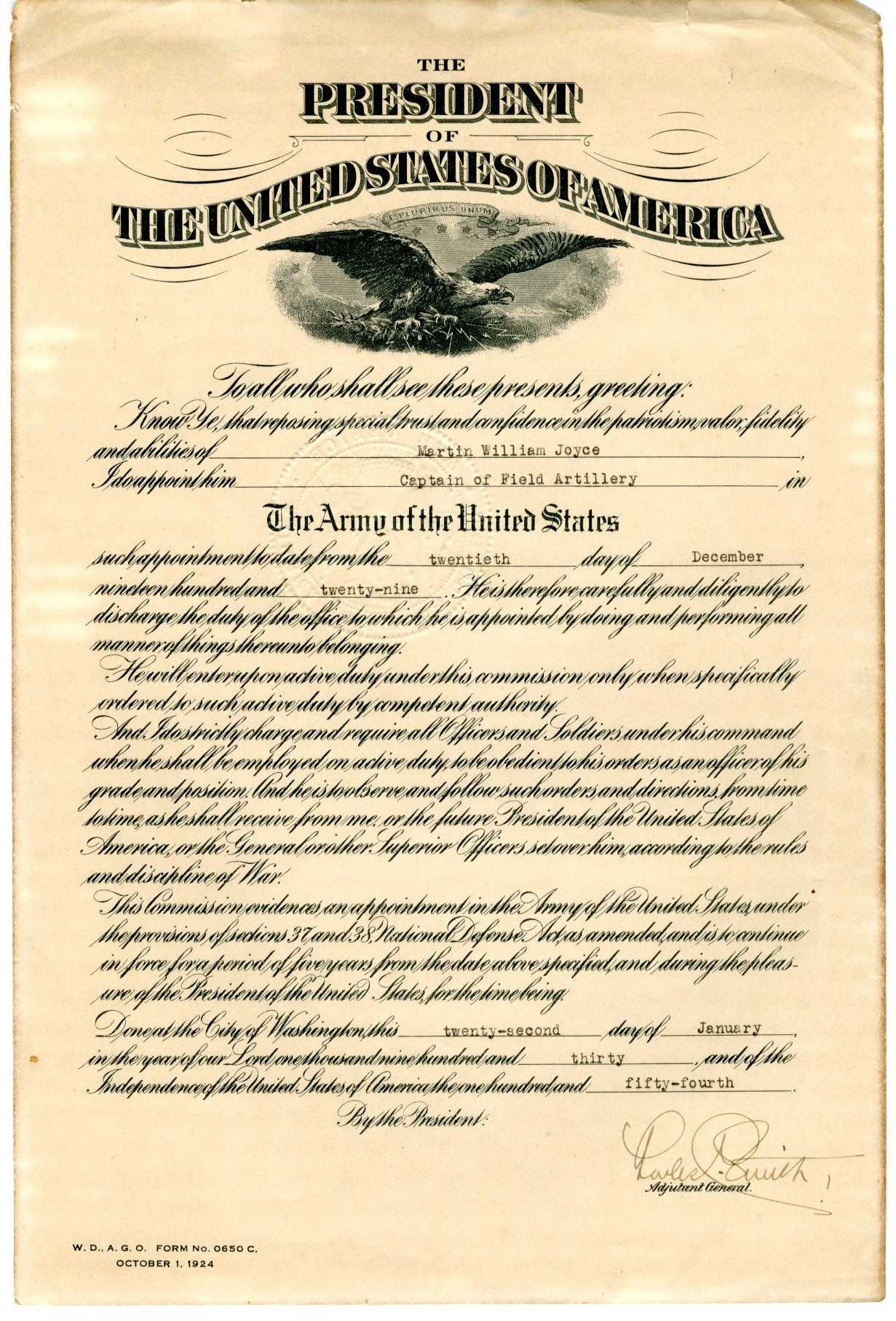 Documents 1 20 – Lt. Col. Martin W. Joyce Papers In Officer Promotion Certificate Template