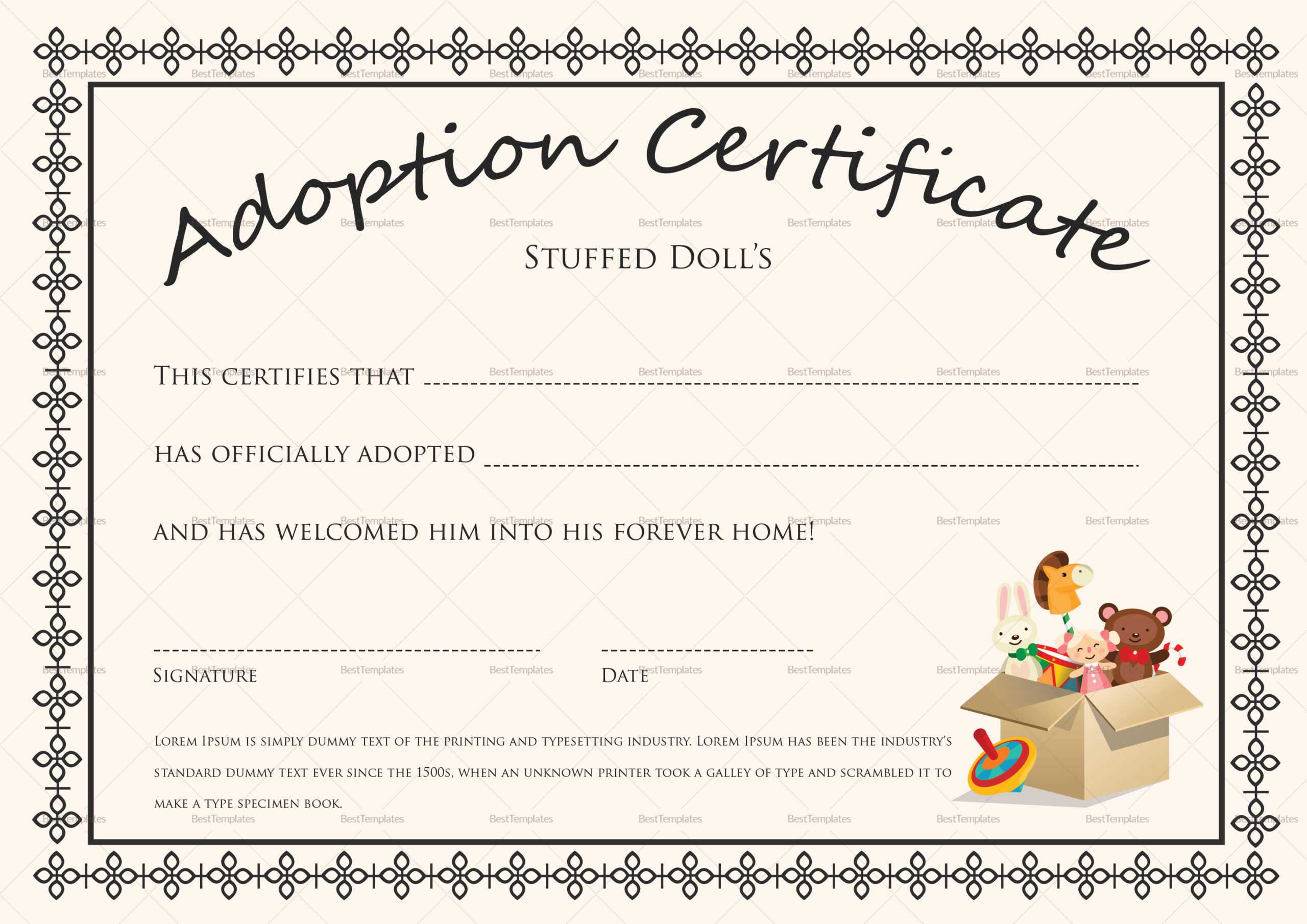 Doll Adoption Certificate Template In Blank Adoption Certificate Template