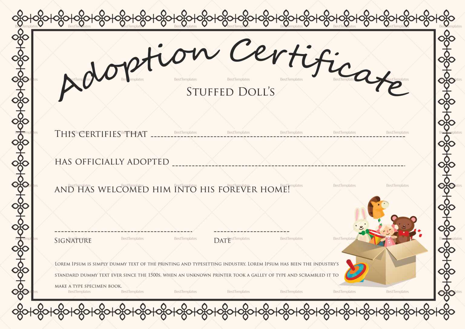 Doll Adoption Certificate Template Regarding Pet Adoption Certificate