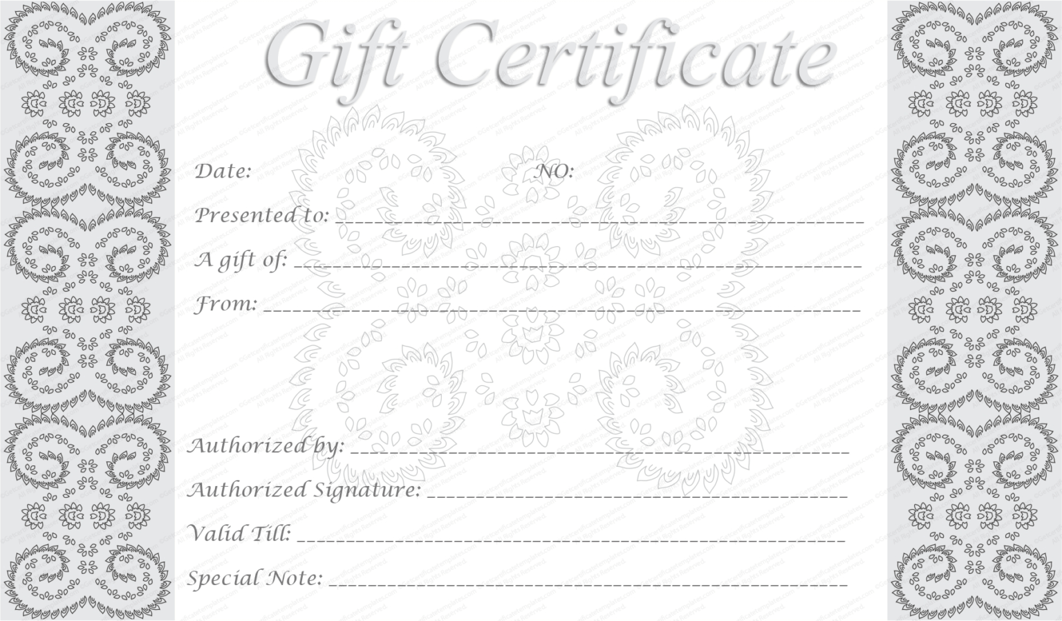 Editable And Printable Silver Swirls Gift Certificate Template