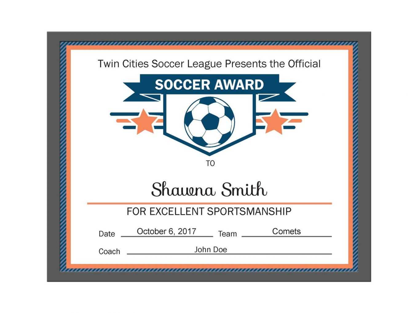 Editable Pdf Sports Team Soccer Certificate Award Template .. In Soccer Award Certificate Template