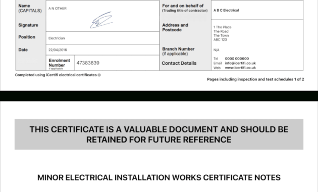 Electrical Certificate - Example Minor Works Certificate inside Electrical Minor Works Certificate Template