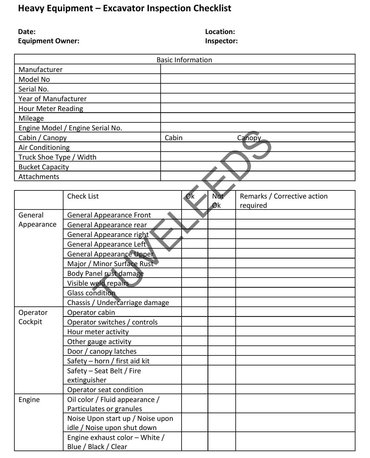 Excavator Inspection Checklist – Tove Leeds Within Certificate Of Inspection Template