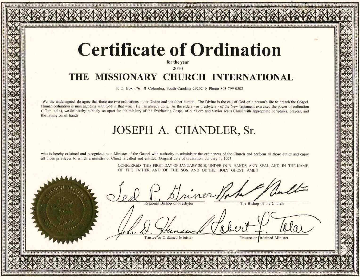 Ordination Certificate Template