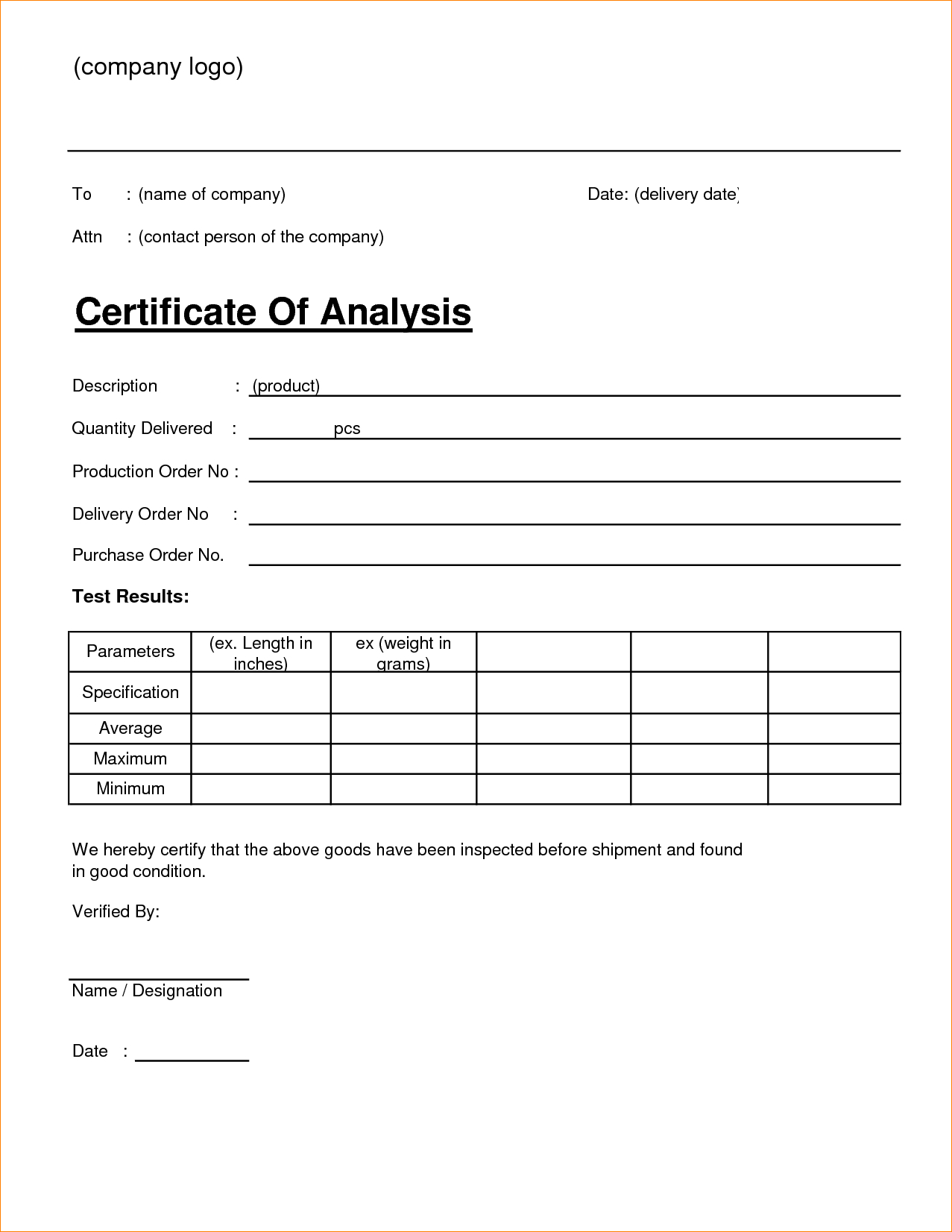🥰4+ Free Sample Certificate Of Analysis (Coa) Templates🥰 Within Certificate Of Manufacture Template