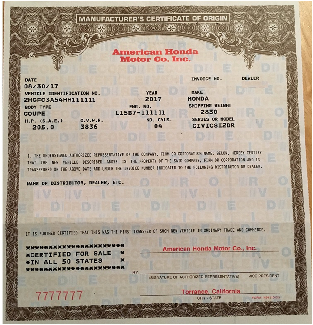 Certificate Of Origin For A Vehicle Template