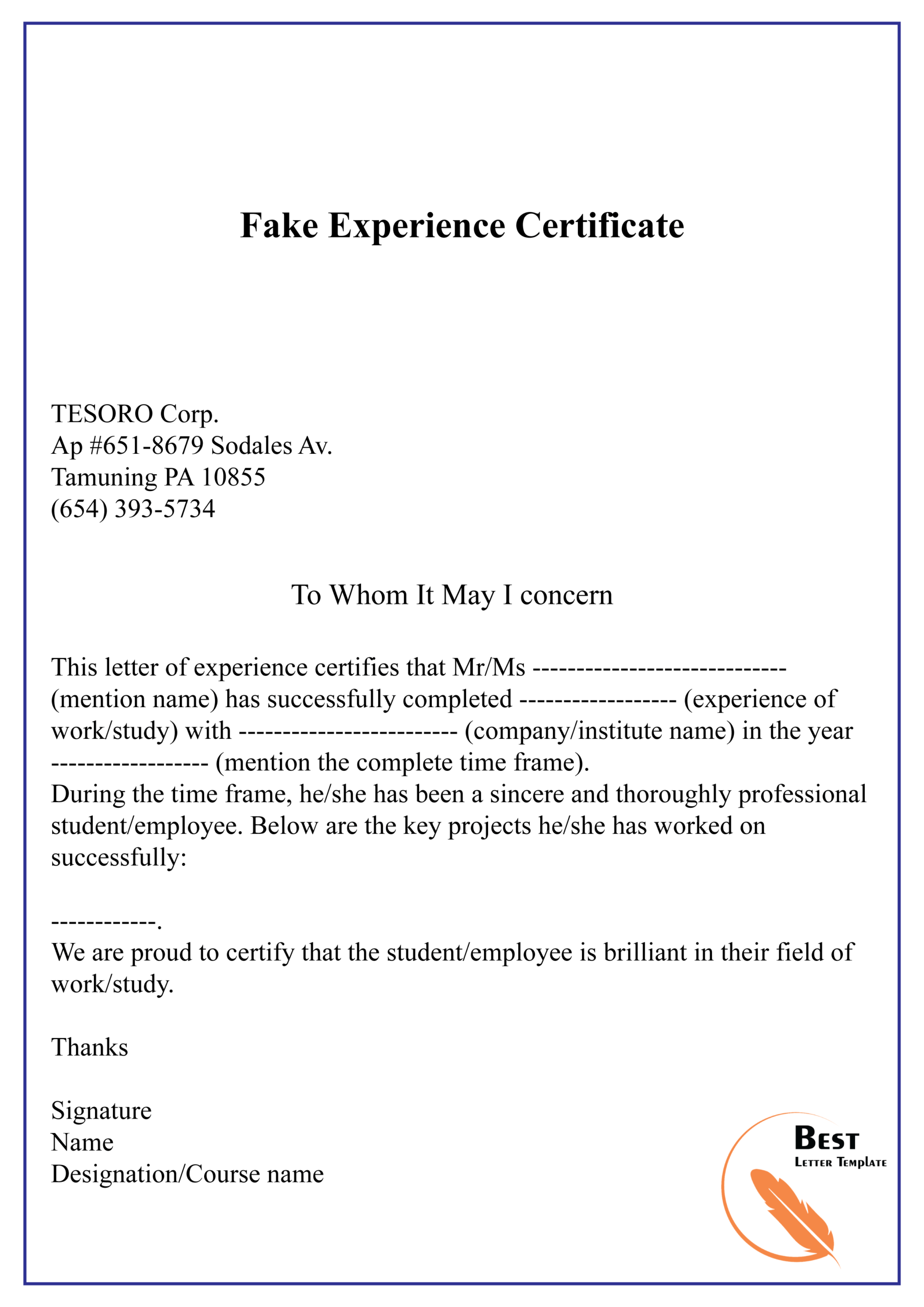 Fake Experience Certificate 01 | Best Letter Template Pertaining To Template Of Experience Certificate