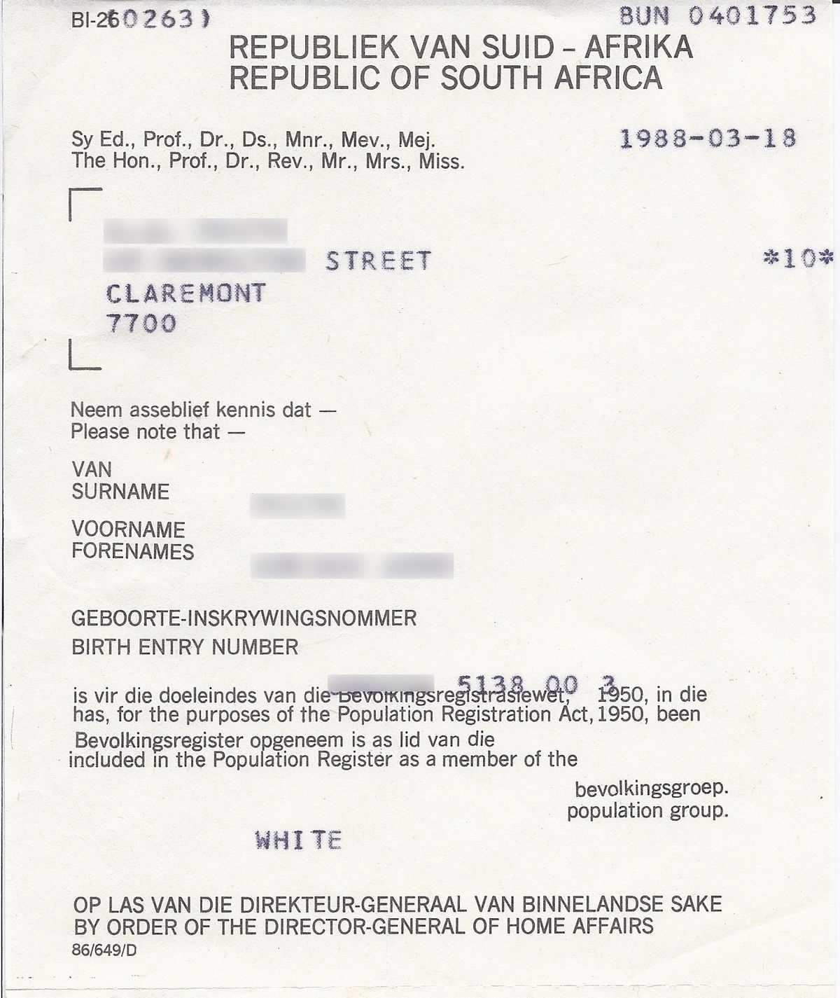 File:population Registration Certificate South Africa 1988 With Regard To South African Birth Certificate Template