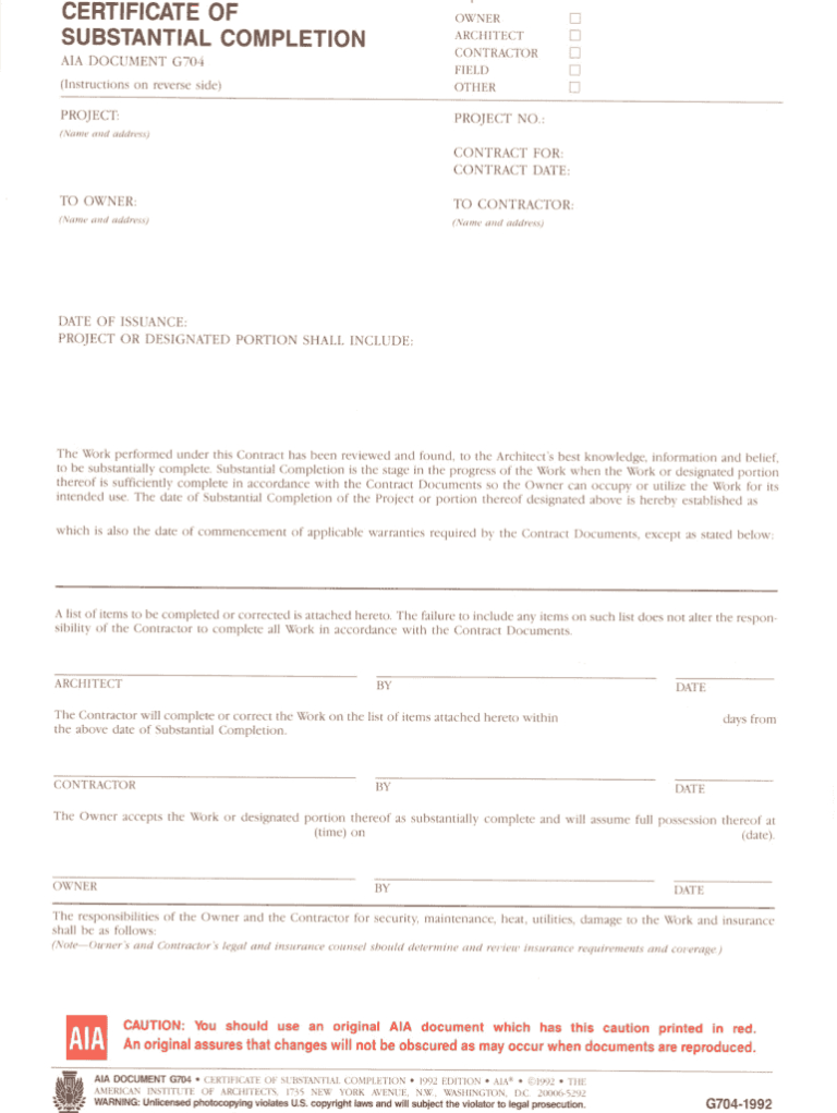 Certificate Of Substantial Completion Template