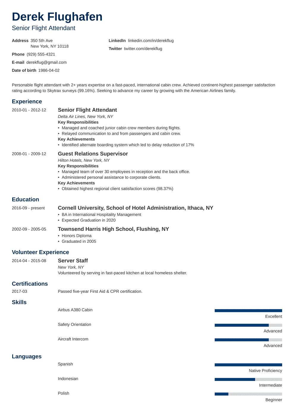 Flight Attendant Resume Sample [Also With No Experience] Regarding Fit To Fly Certificate Template