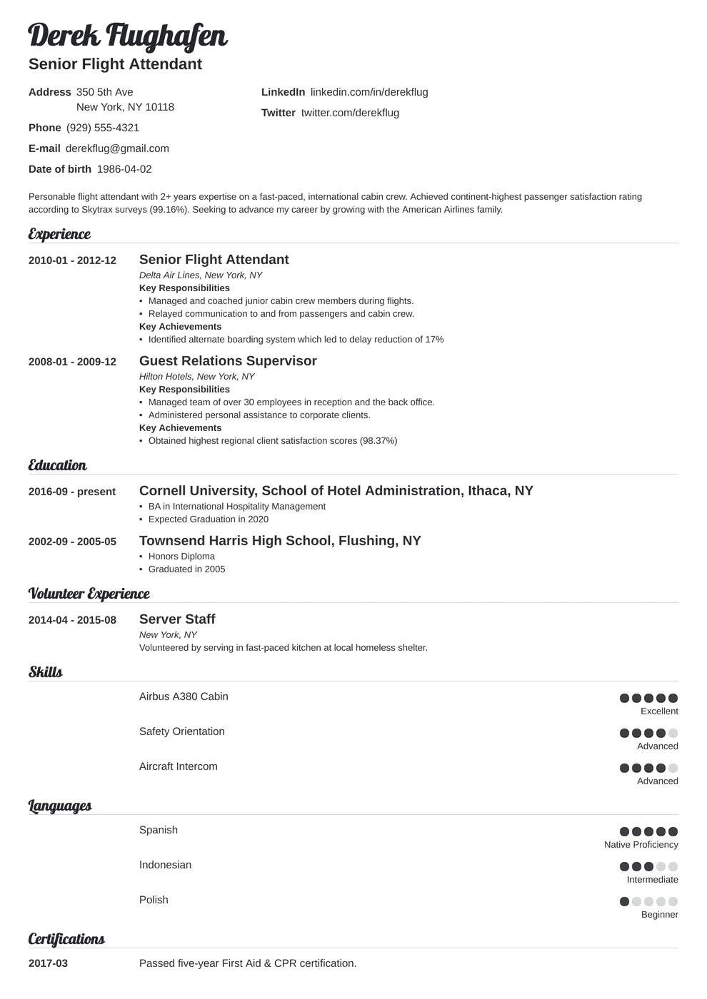 Flight Attendant Resume Sample [Also With No Experience] With Fit To Fly Certificate Template