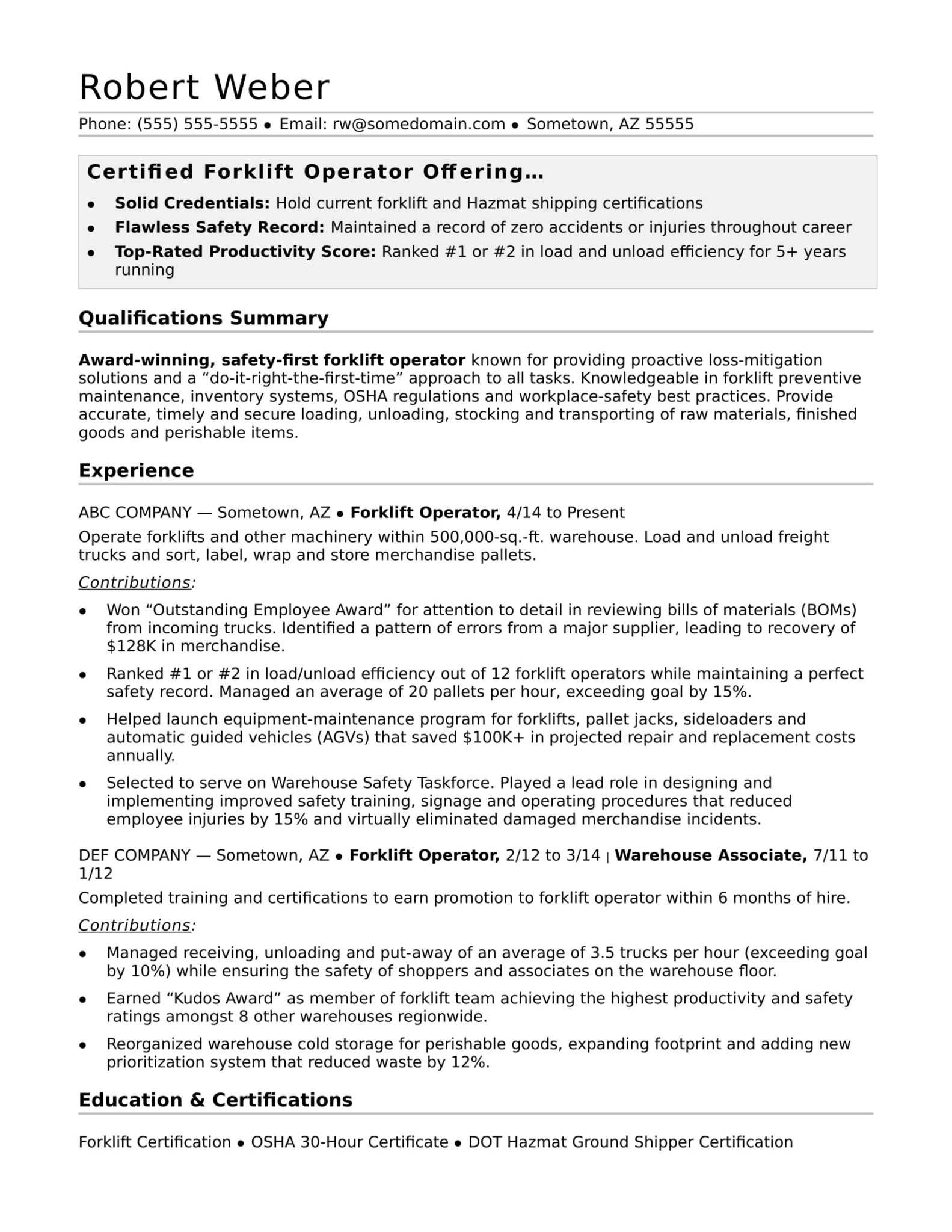 Forklift Operator Resume Sample Monster inside Forklift Certification