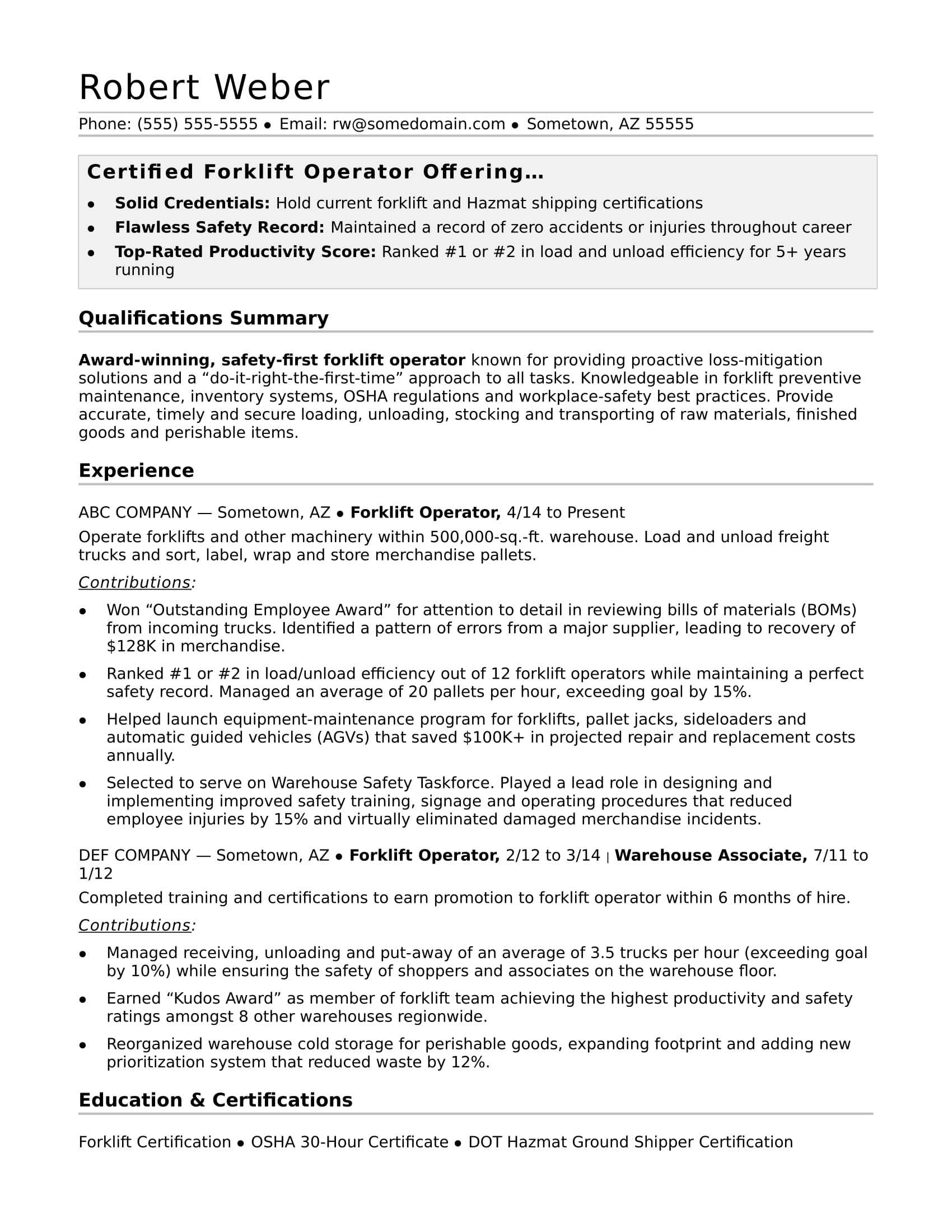 Forklift Operator Resume Sample | Monster Inside Forklift Certification Template