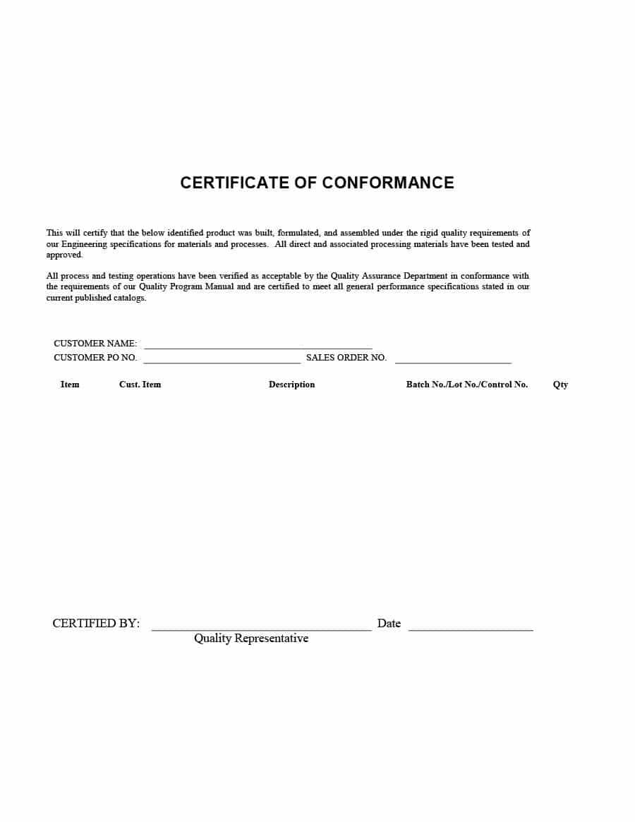 Free Certificate Of Conformance Tes Forms Form Example For Certificate Of Compliance Template
