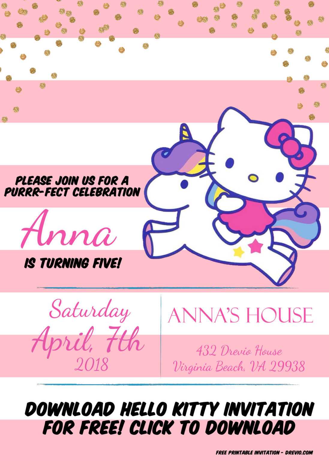 Free Hello Kitty Unicorn Invitation Template Bagvania With Regard To Hello Kitty Birthday Card