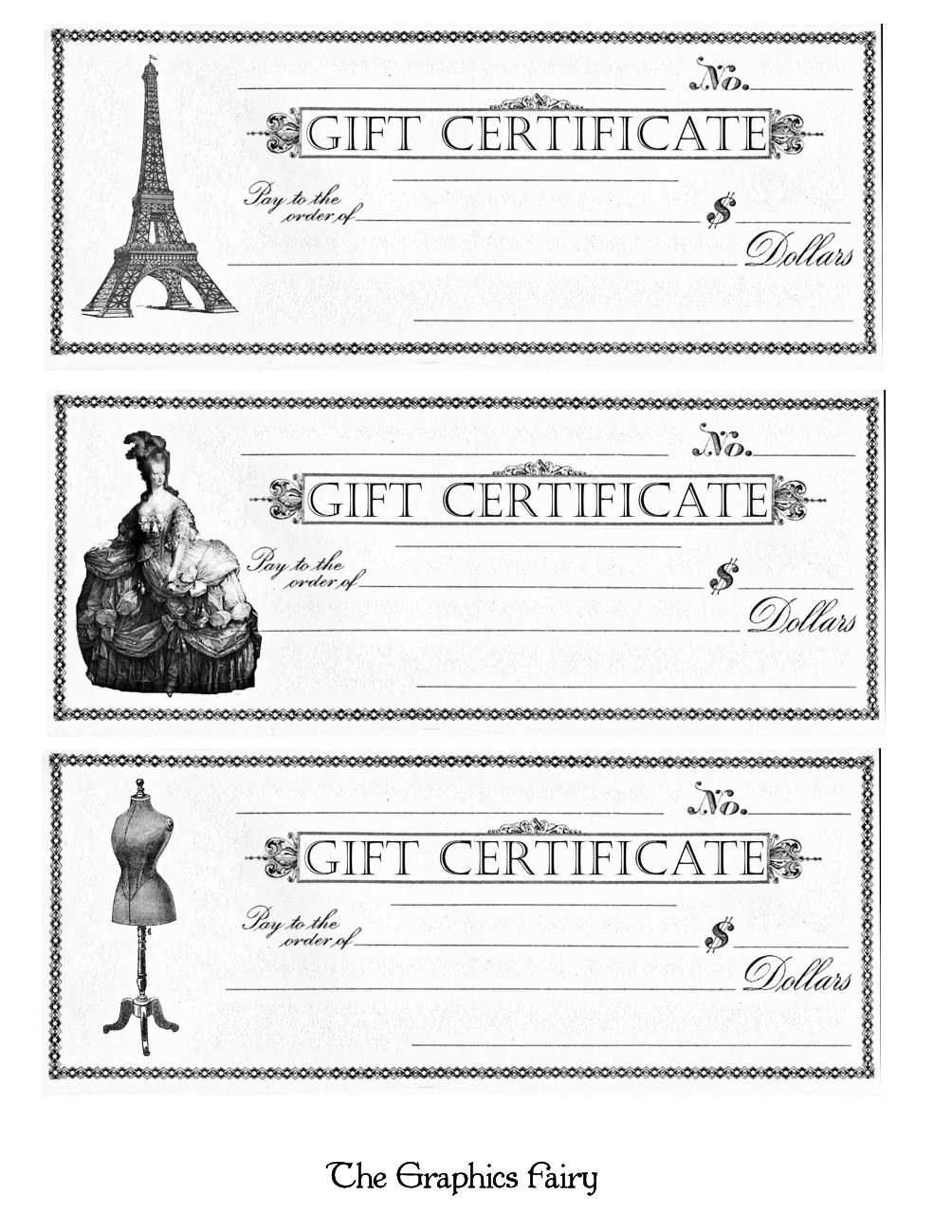 Free Printable – Gift Certificates – The Graphics Fairy Throughout Black And White Gift Certificate Template Free