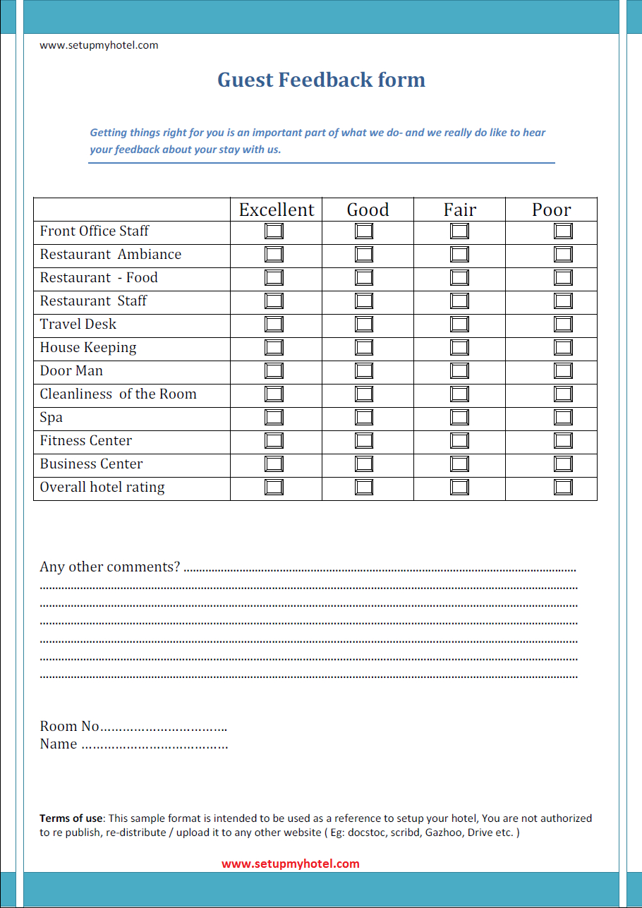 Front Desk – Guest Feedback Format Sample In Restaurant Comment Card Template