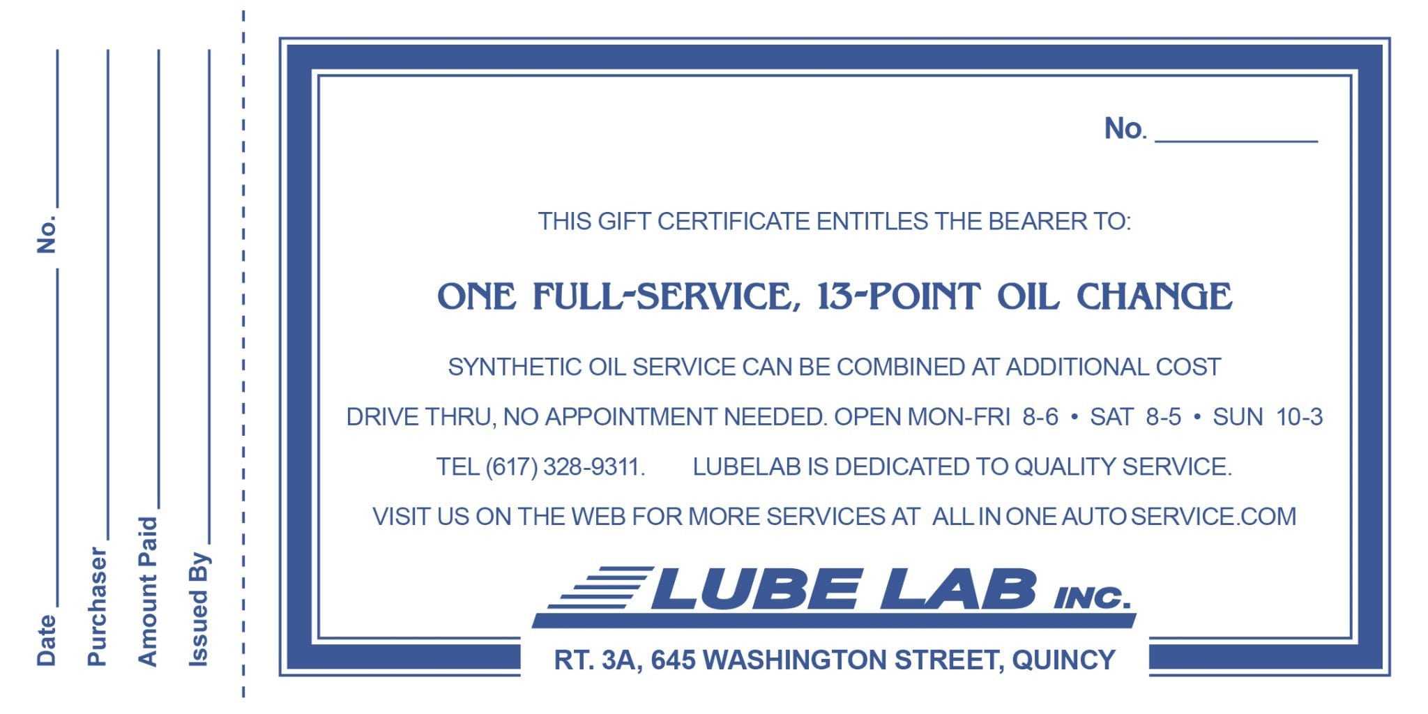 Full Service, 13 Point Oil Change | All In One & Lube Lab Intended For This Entitles The Bearer To Template Certificate