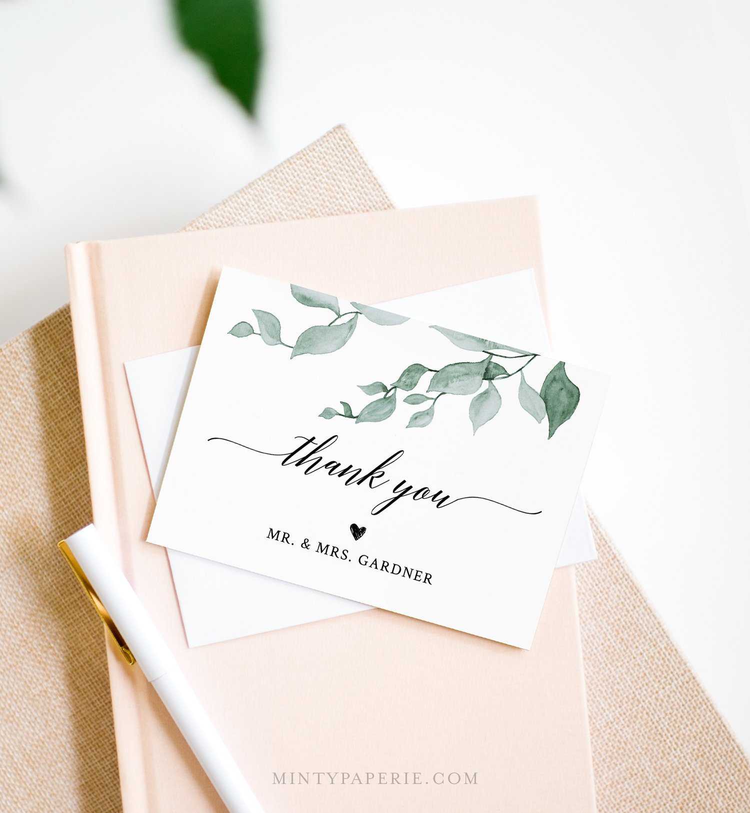Greenery Thank You Note Card Template, Folded Wedding Or In Thank You Note Card Template