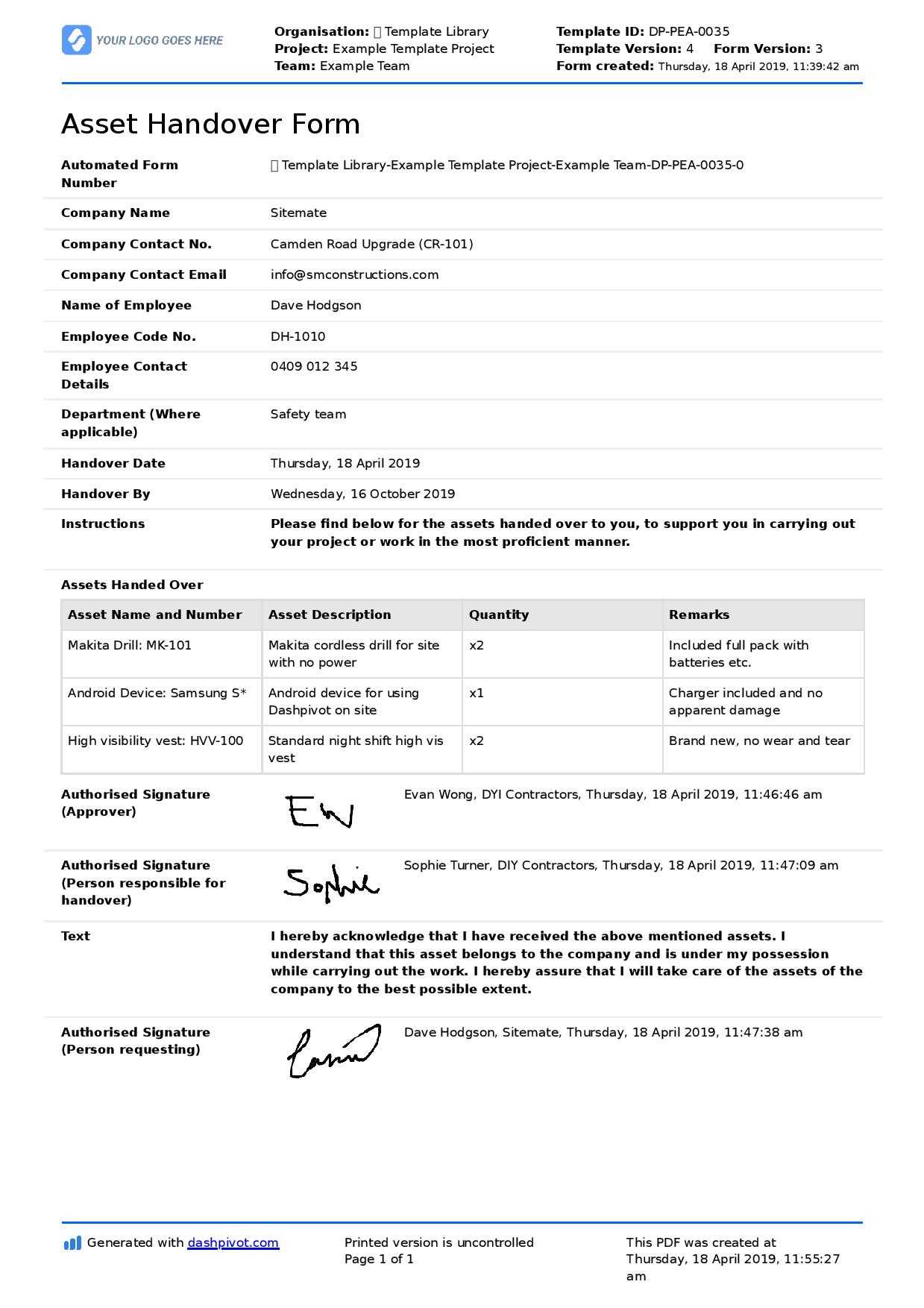 Handover Form – Colona.rsd7 Throughout Handover Certificate Template
