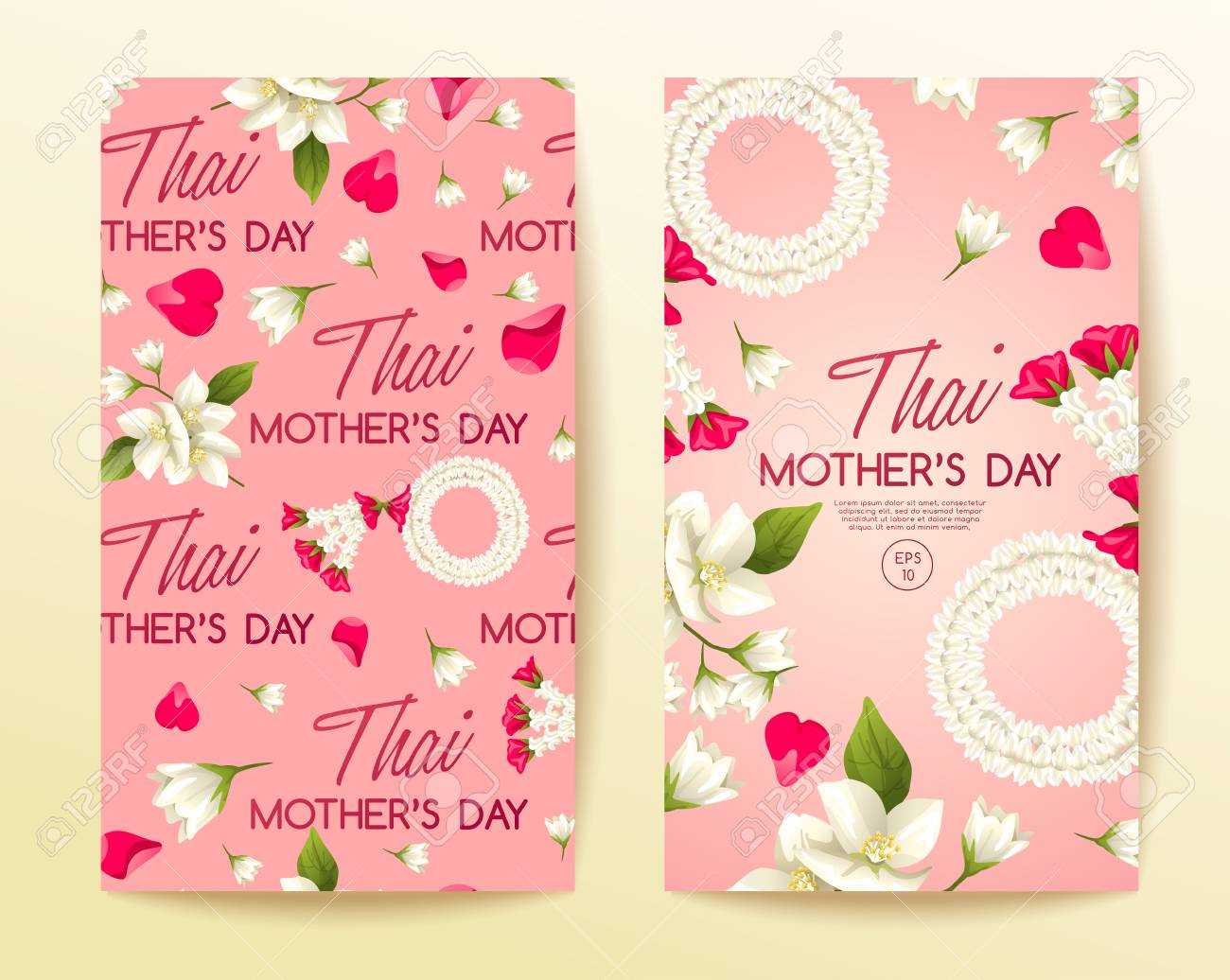 Happy Thai Mother's Day Card Template With White Jasmine : Vector.. Pertaining To Mothers Day Card Templates