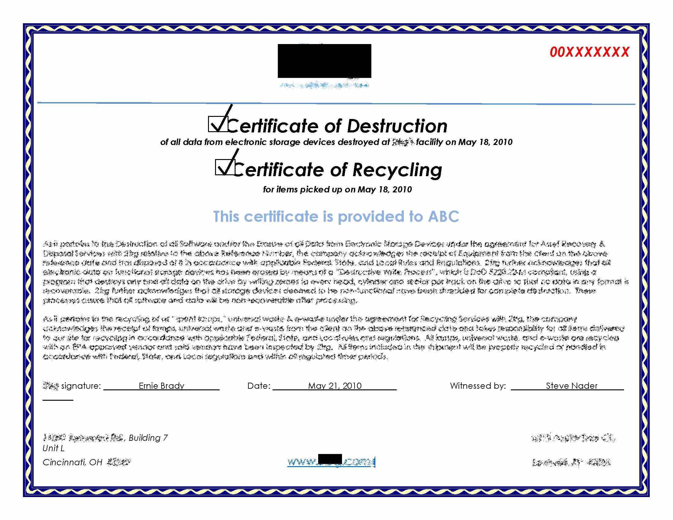 Hard Drive Destruction Certificate Template ] - Certificate Intended For Hard Drive Destruction Certificate Template