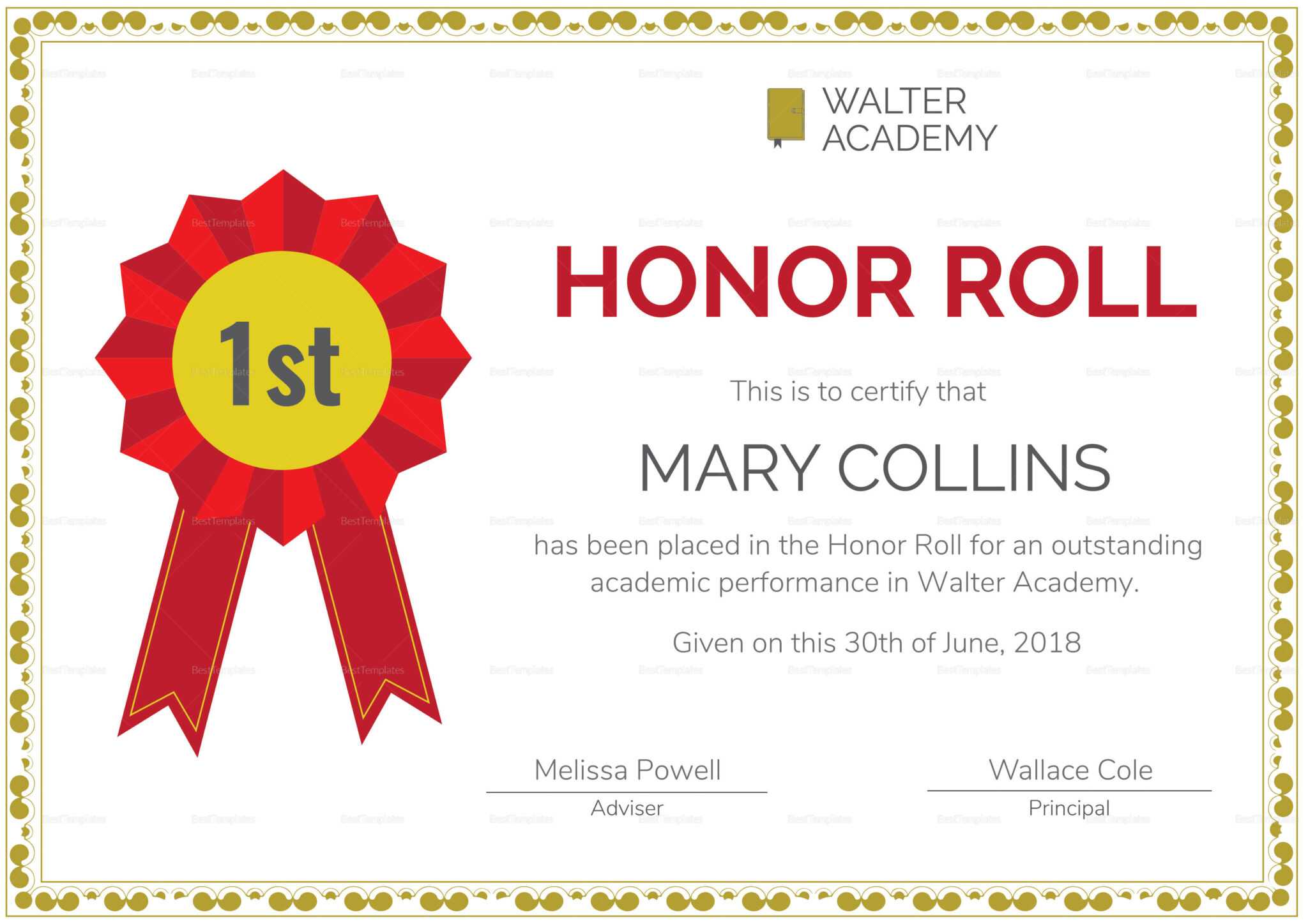 Honor Roll Certificate Template Sample gelorailmu