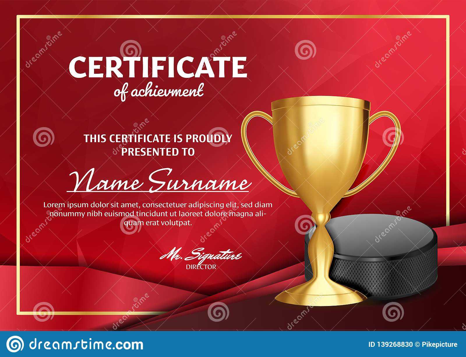 Ice Hockey Certificate Diploma With Golden Cup Vector. Sport Regarding Hockey Certificate Templates