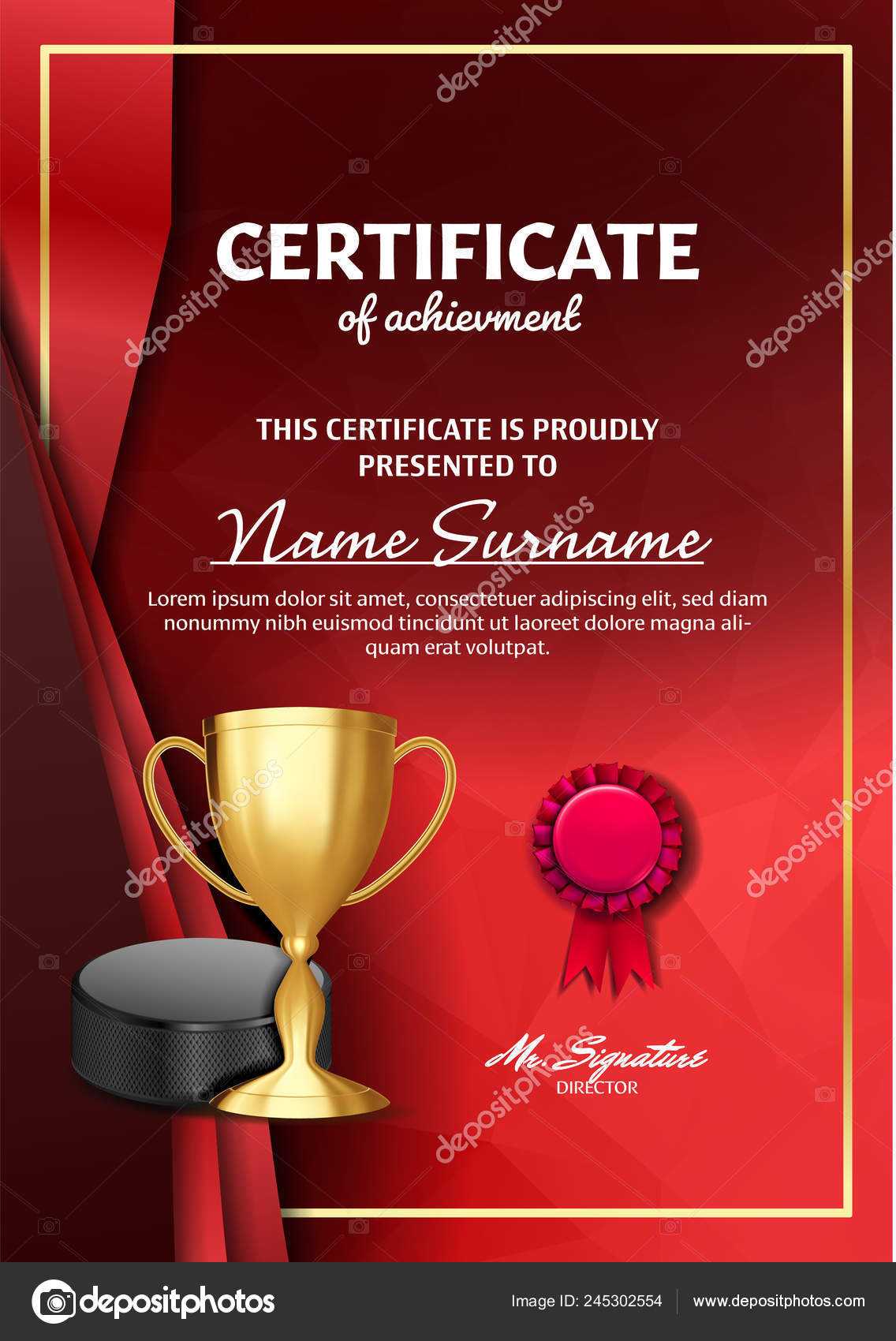 Ice Hockey Certificate Diploma With Golden Cup Vector. Sport Within Hockey Certificate Templates