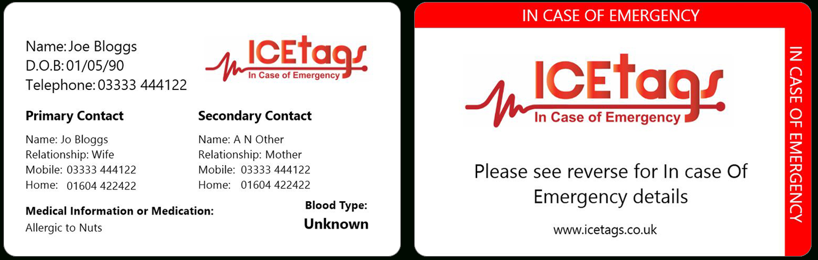 Ice Wallet Card | Full Size Icetags | Free Uk Delivery Intended For In Case Of Emergency Card Template