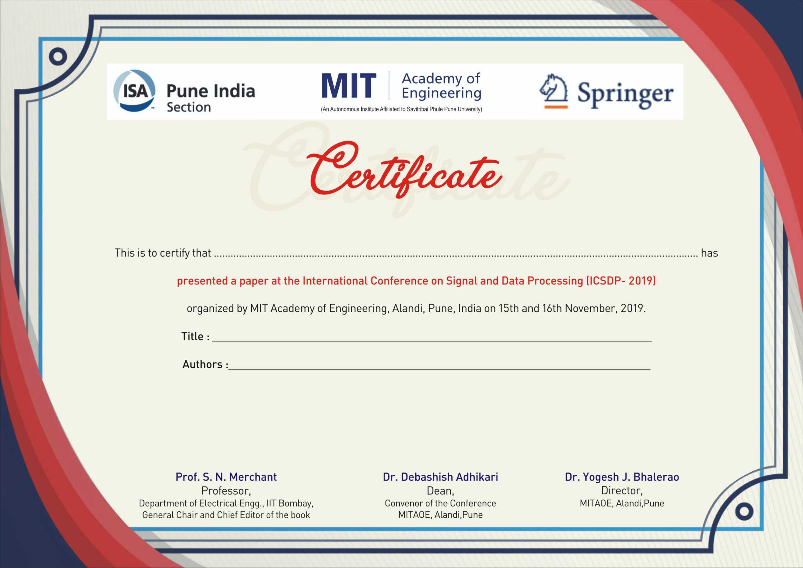 International Conference On Signal & Data Processing (Icsdp) With International Conference Certificate Templates