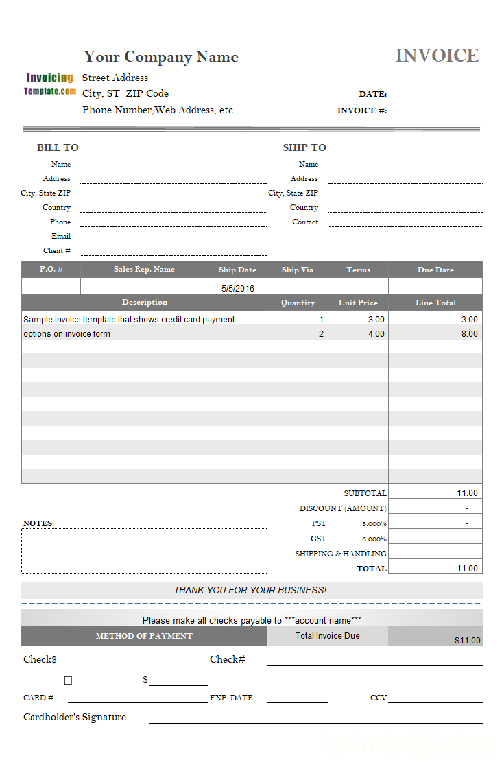 Invoice Template With Credit Card Payment Option Intended For Credit Card Payment Slip Template