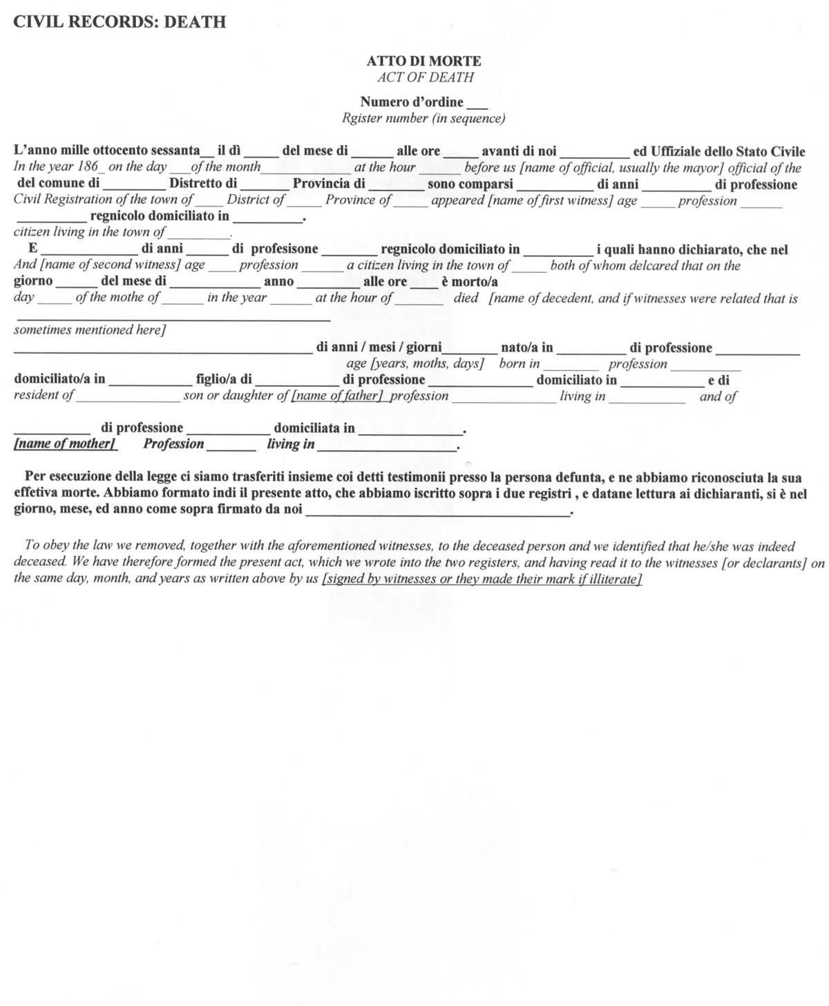 Italian Civil Death Document Translation Genealogy With Regard To Death Certificate Translation Template