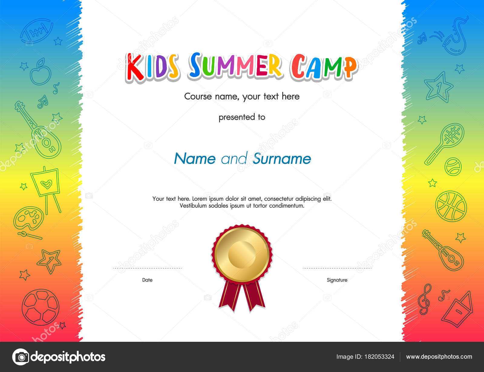Kids Summer Camp Diploma Or Certificate Template Award Seal Pertaining To Fun Certificate Templates