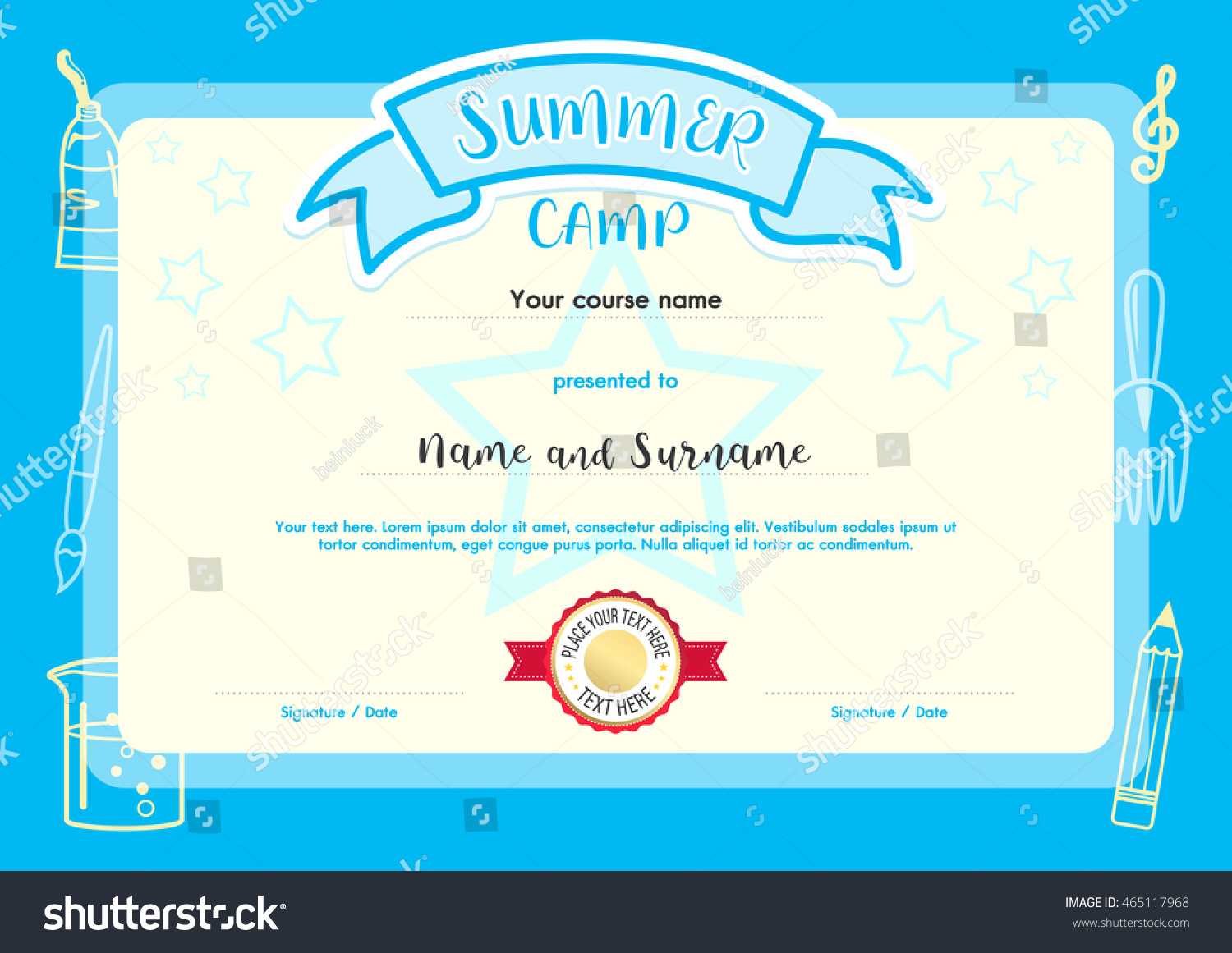Kids Summer Camp Document Certificate Template Stock Vector In Summer Camp Certificate Template
