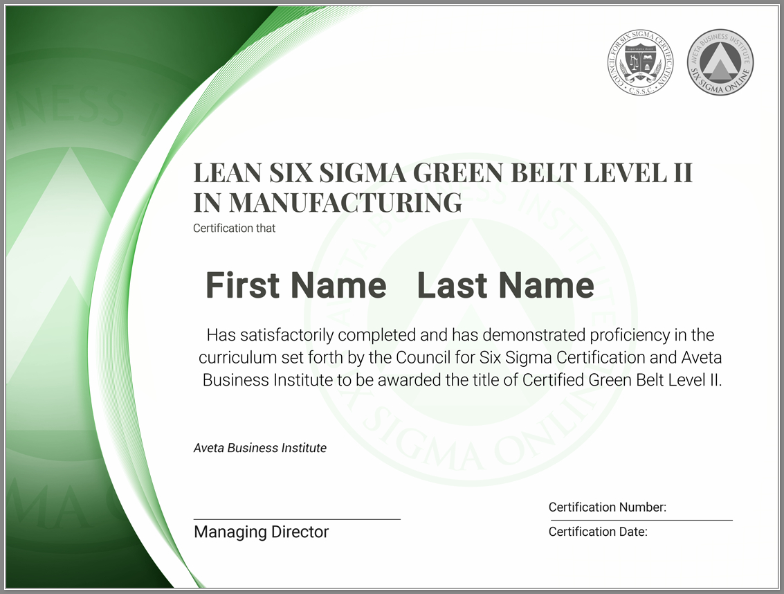 Lean Six Sigma Green Belt Level Ii Certification In Manufacturing Inside Green Belt Certificate Template