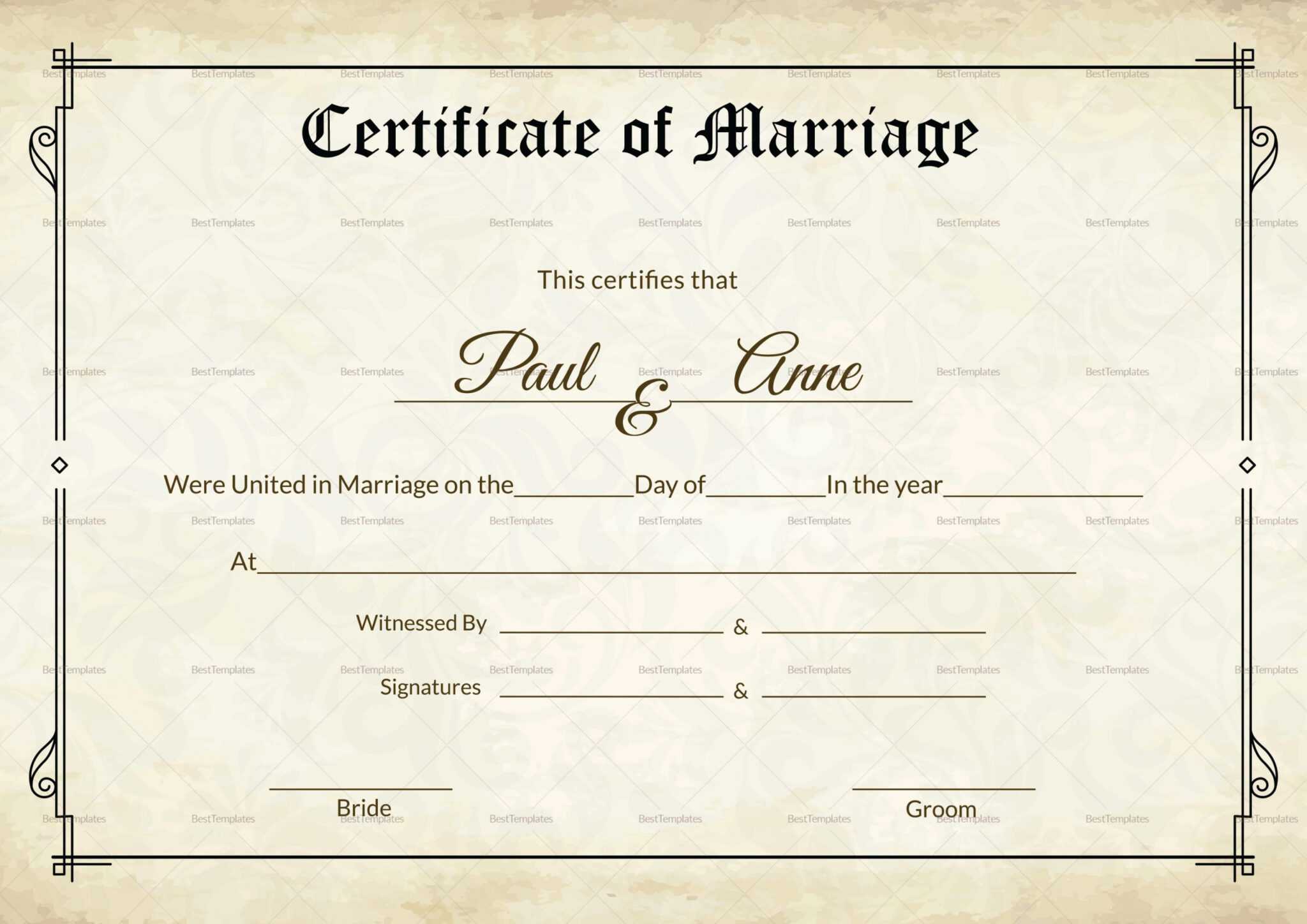 Marriage Certificate Template Keepsake Wedding Sample South Throughout