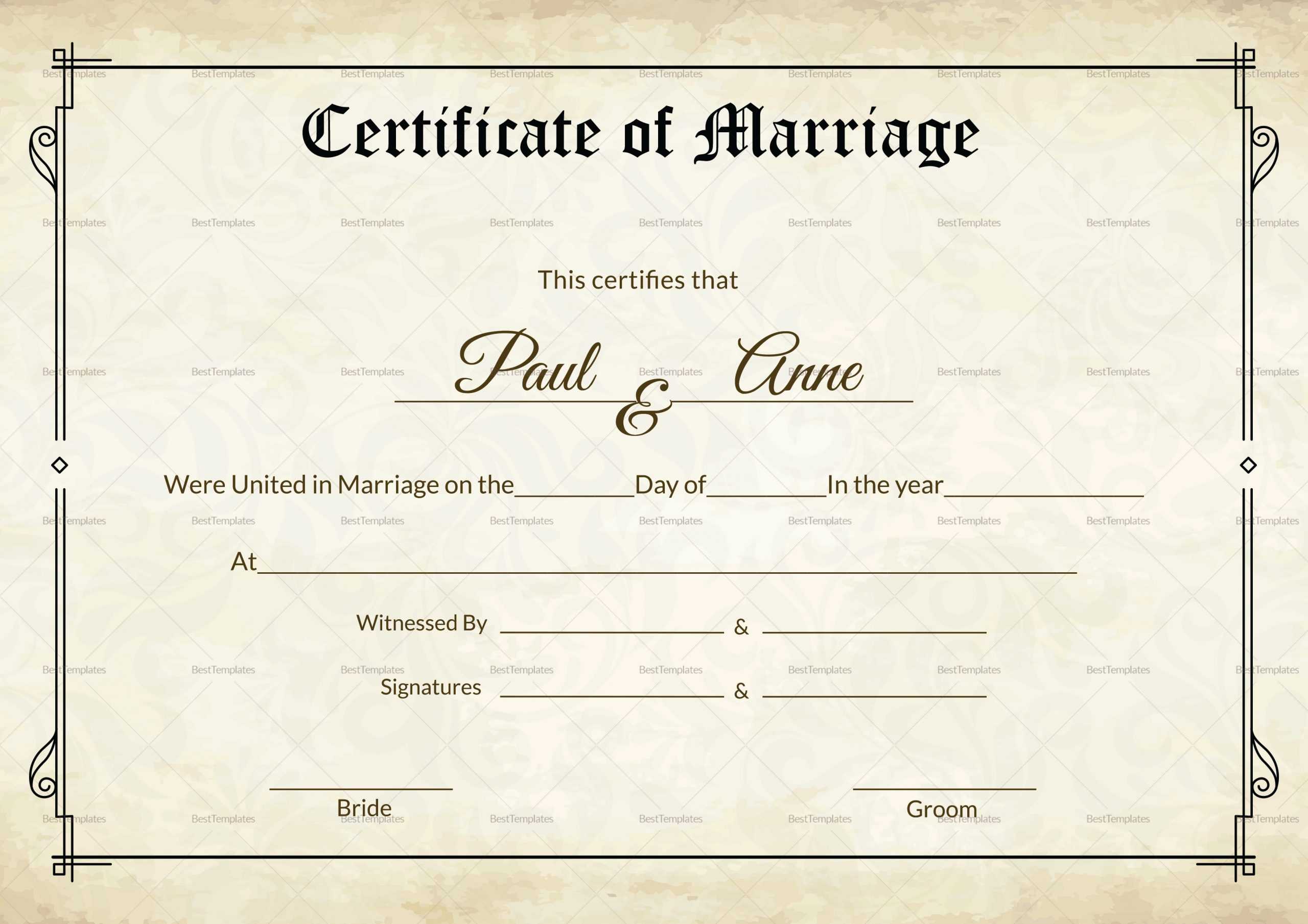 Marriage Certificate Template Keepsake Wedding Sample South Throughout Certificate Of Marriage Template