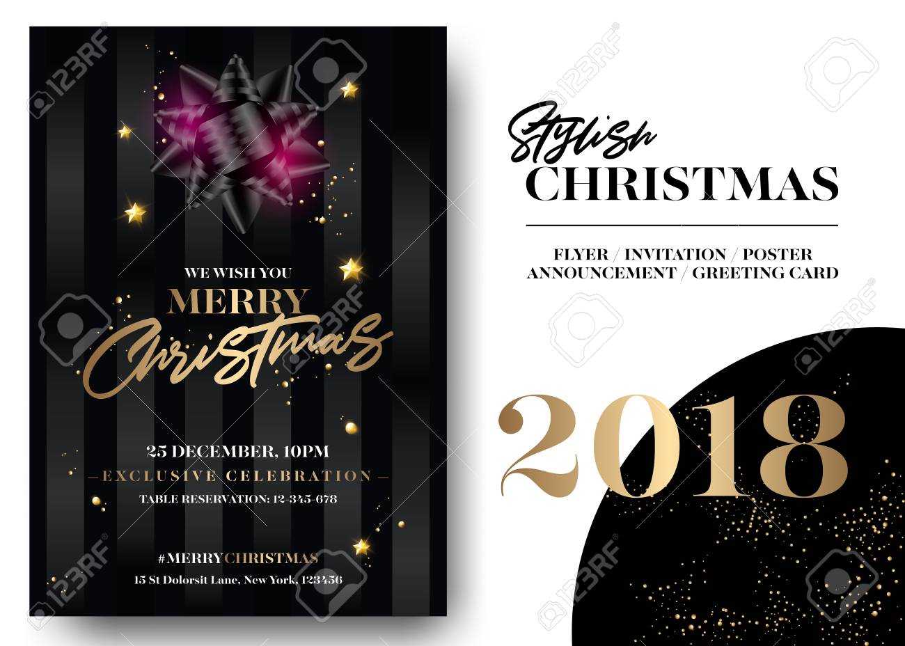 Merry Christmas Greeting Card Template. Vector Elegant Black.. In Table Reservation Card Template