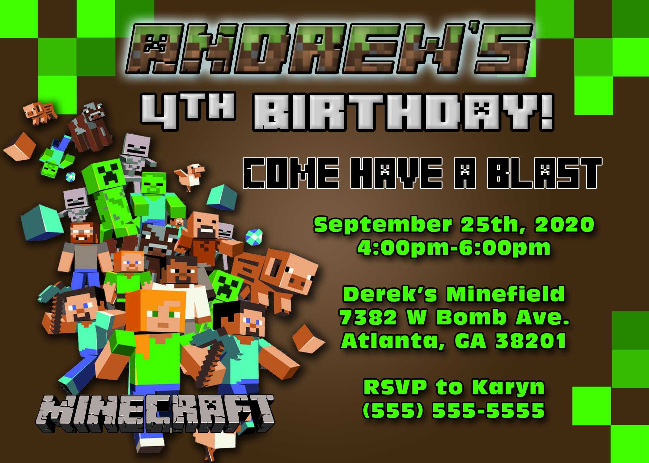 Minecraft Birthday Invitations : Minecraft Birthday Throughout Minecraft Birthday Card Template