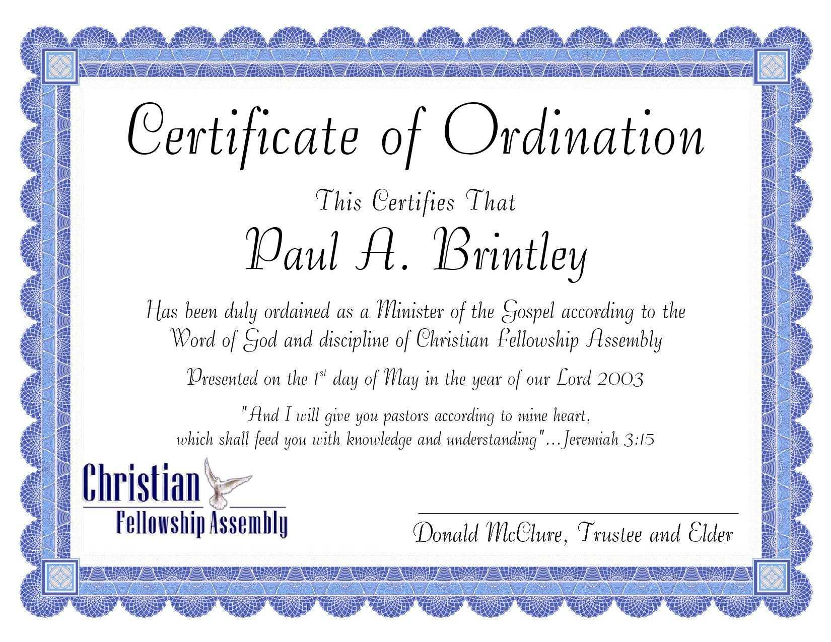 Pastoral Ordination Certificatepatricia Clay – Issuu Pertaining To Ordination Certificate Template