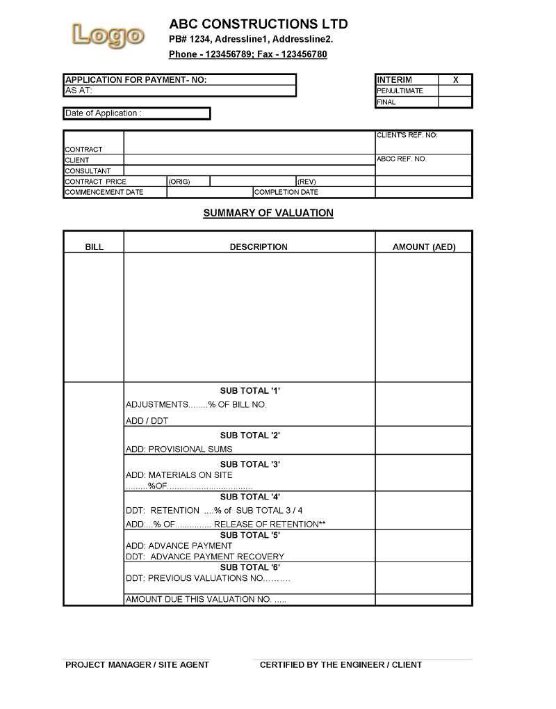 Payment Application Format For Construction Companies Pertaining To Construction Payment Certificate Template