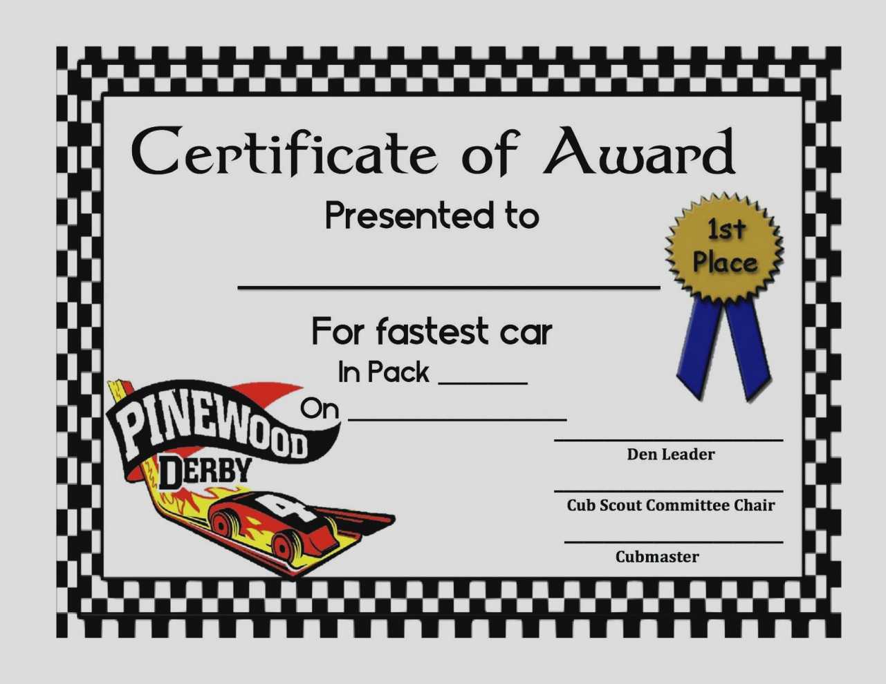 Pinewood Derby Certificate Template