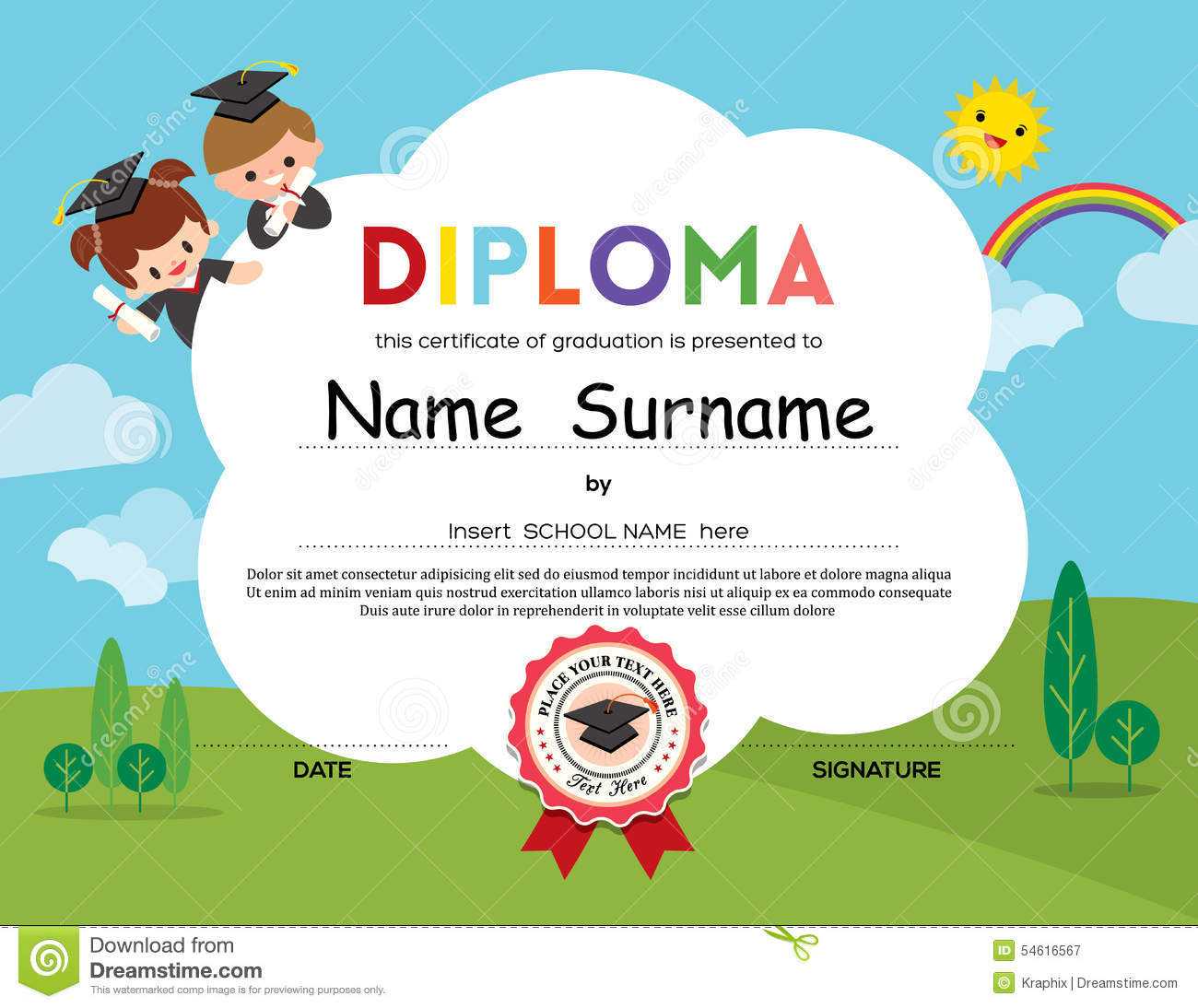 Preschool Elementary School Kids Diploma Certificate Inside Running Certificates Templates Free